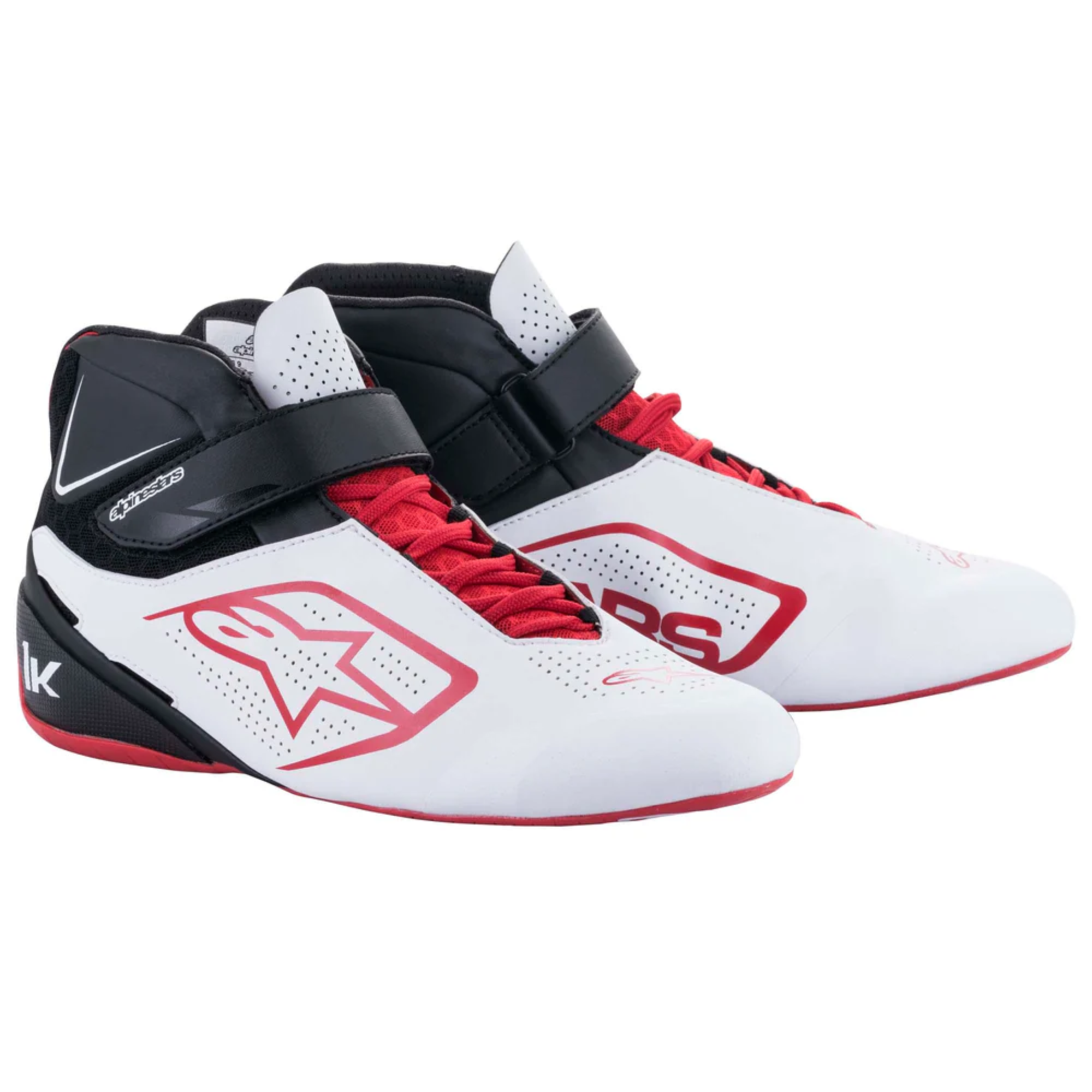 A pair of the white black and red Alpinestars Tech 1-K v2 Karting Shoes from Alpinestars.