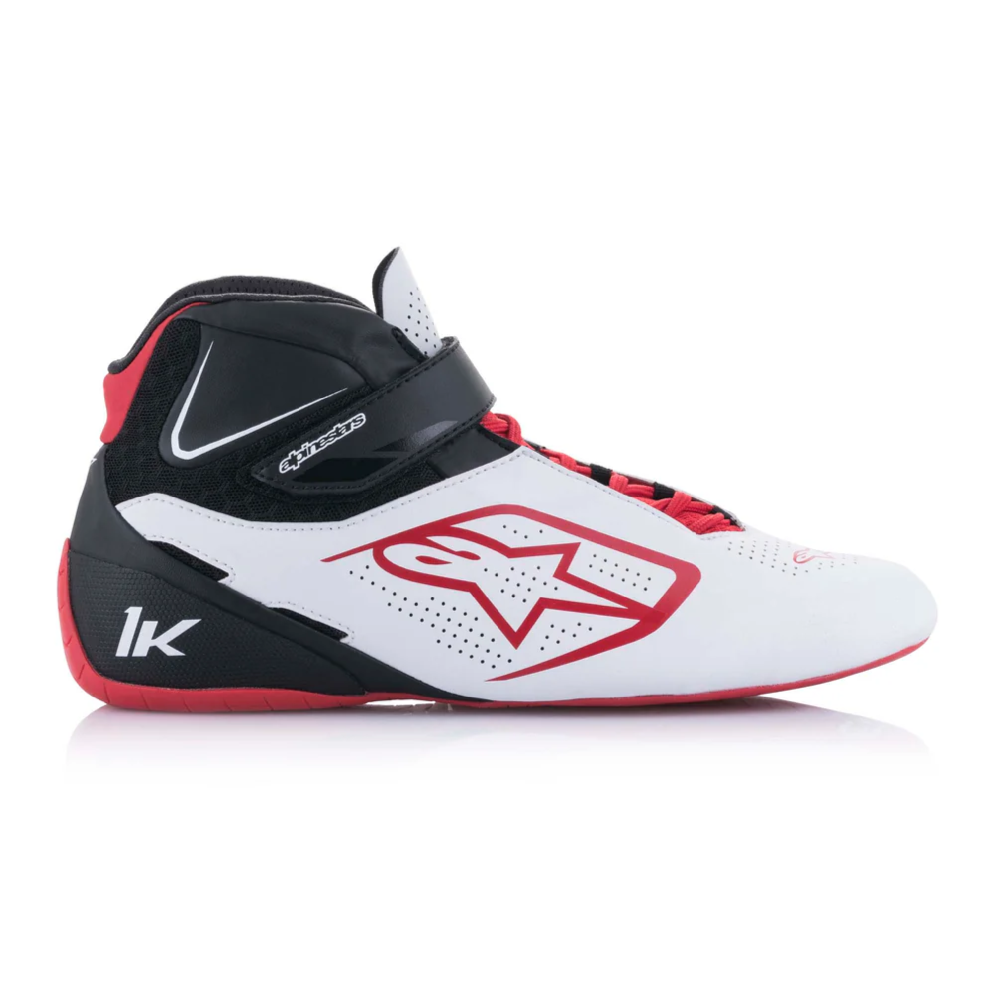 The white black and red Alpinestars Tech 1-K v2 Karting Shoes from Alpinestars showing the side of the shoe.
