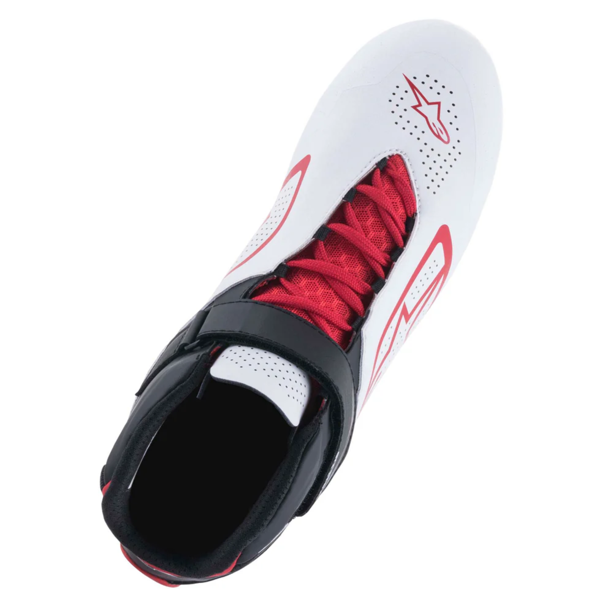 The white black and red Alpinestars Tech 1-K v2 Karting Shoes from Alpinestars shown from the top.