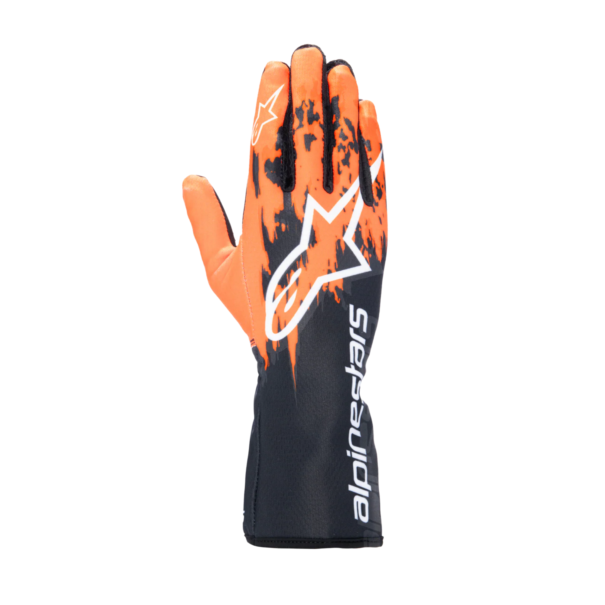 The back of the black, orange and white Alpinestars Tech-1 K v3 Karting Gloves.
