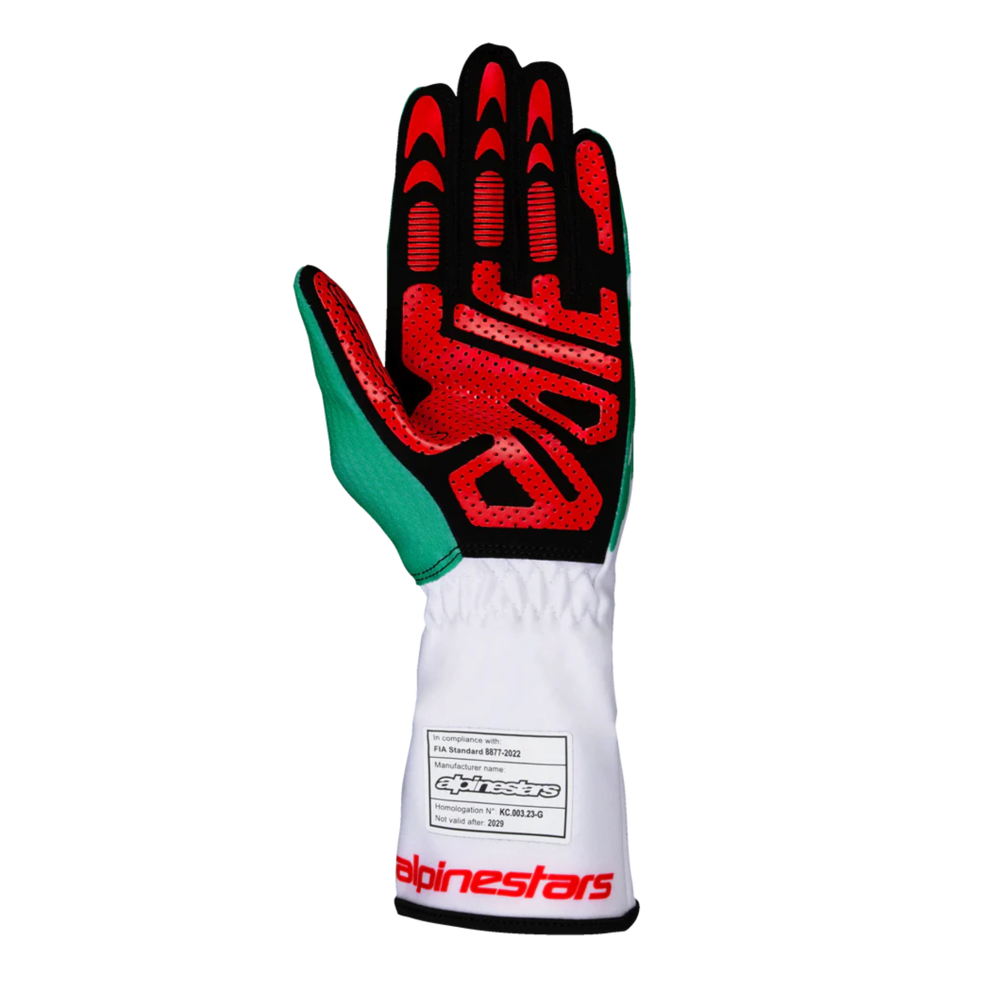 The palm of the white, green and red Alpinestars Tech-1 K v3 Karting Gloves.