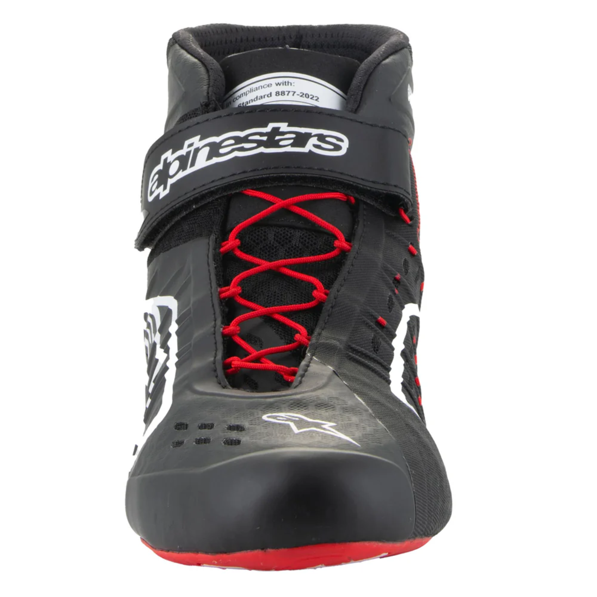The red and black Alpinestars Tech 1-KX v3 Karting Shoes from the front.