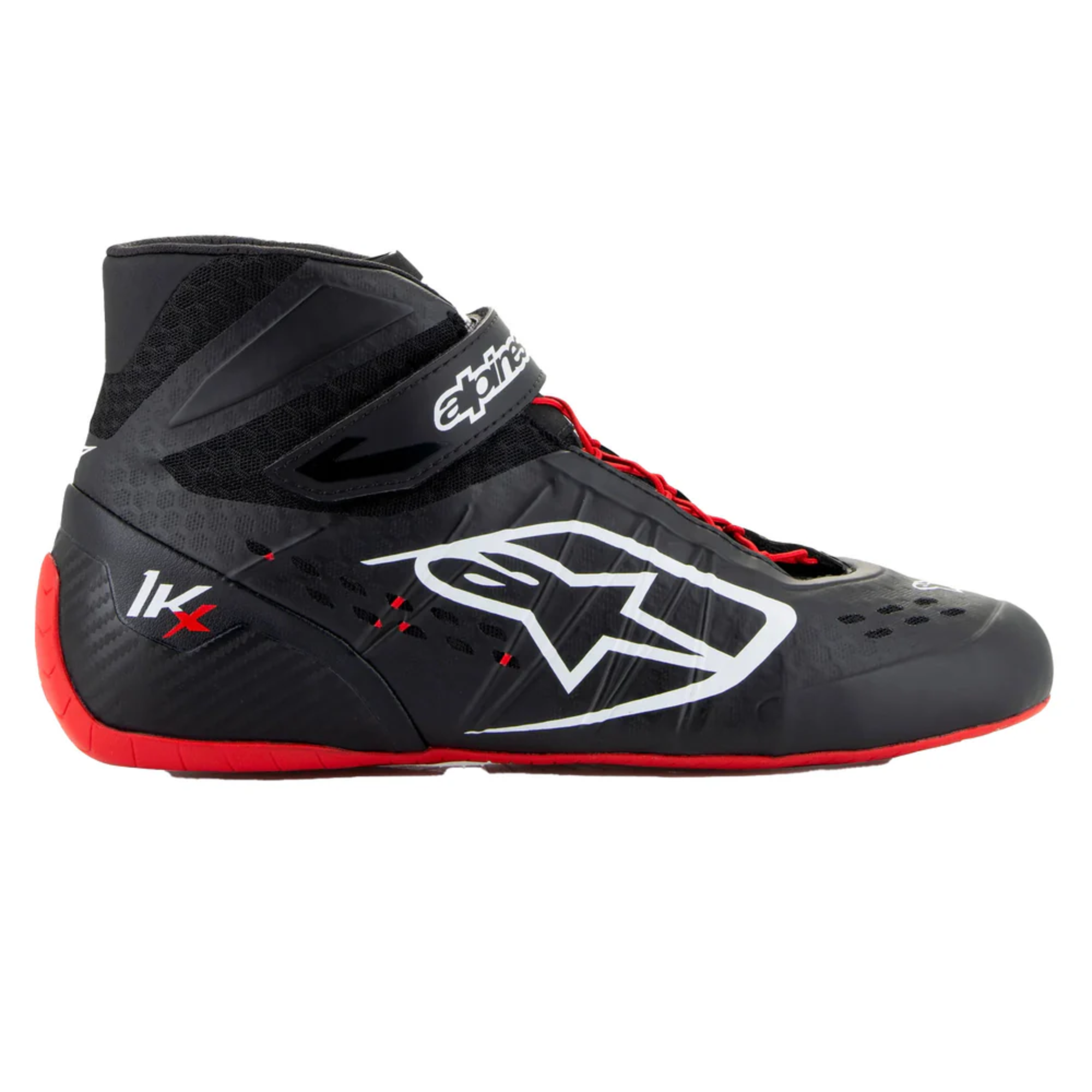The red and black Alpinestars Tech 1-KX v3 Karting Shoes showing the side of the shoe.