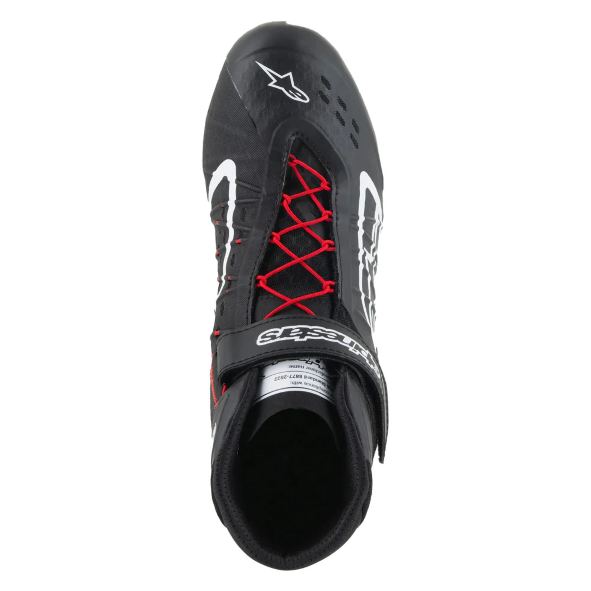 The red and black Alpinestars Tech 1-KX v3 Karting Shoes showing the top of the shoe.