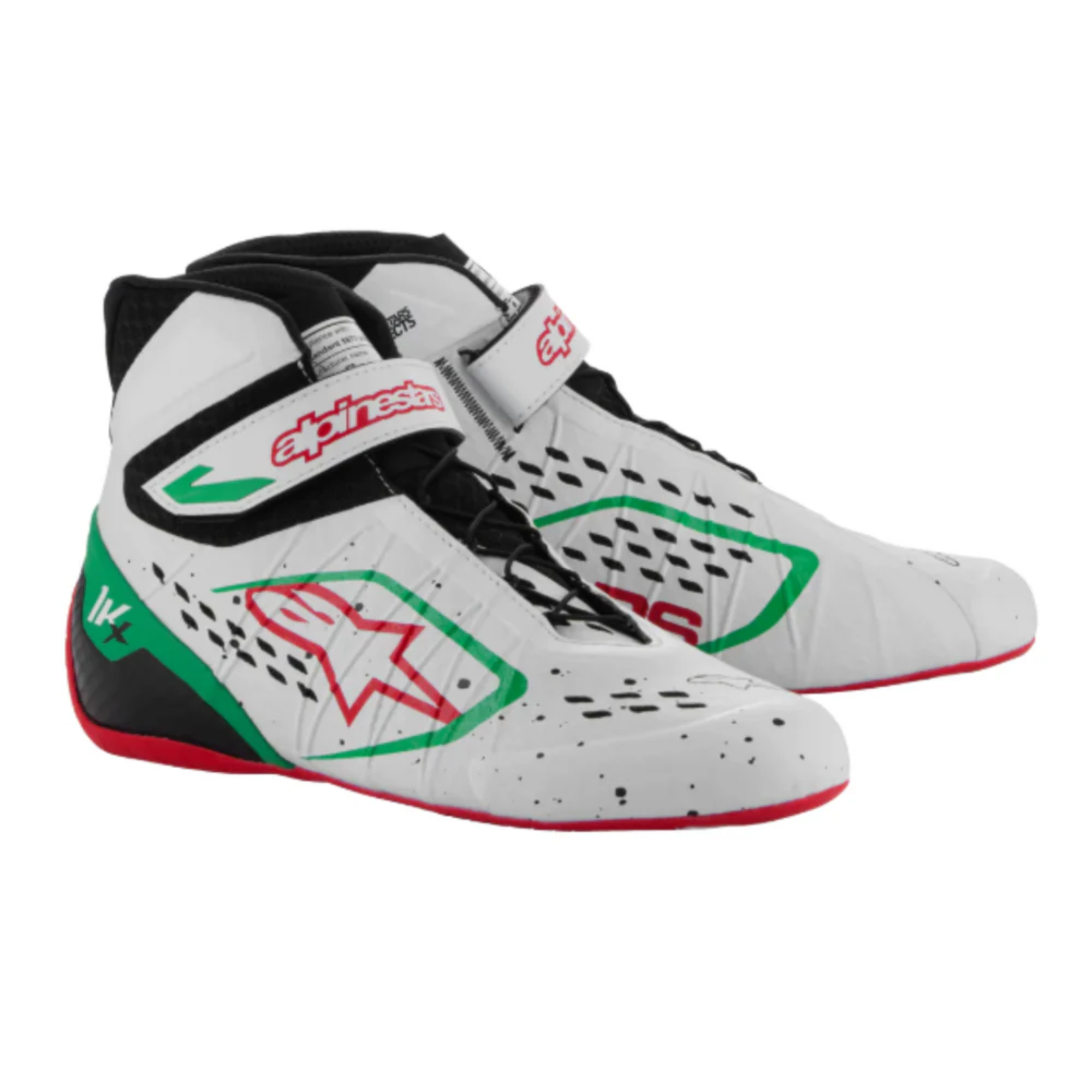 The white, green, and red Alpinestars Tech 1-KX v3 Karting Shoes.