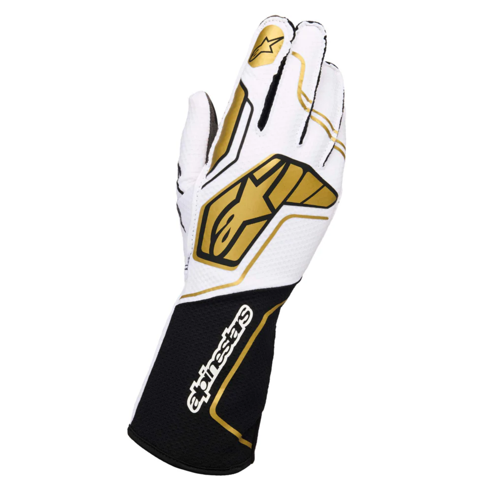 The white, black and gold Alpinestars Tech-1 KX v4 Karting Gloves.