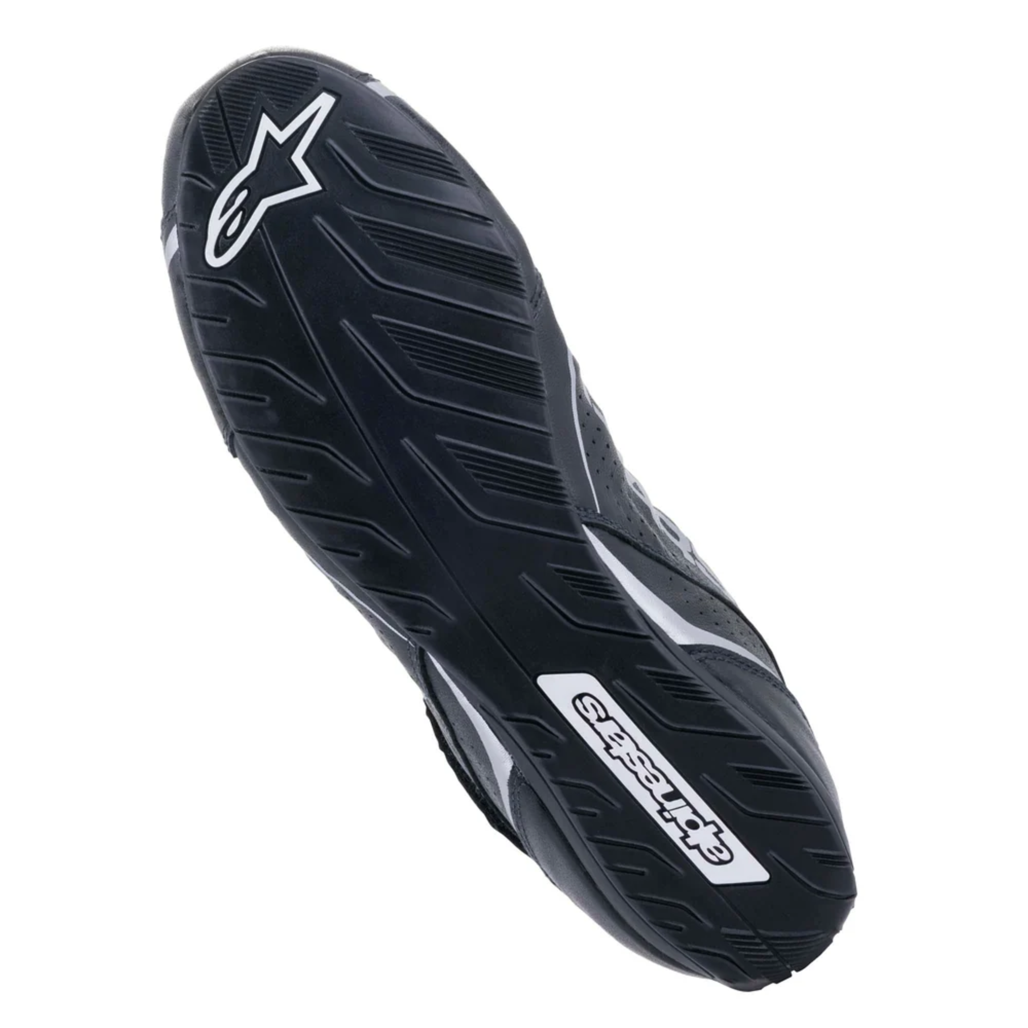 The bottom, or sole of the black and silver Alpinestars Tech-1 T v3 Racing Shoes - SFI 3.3.