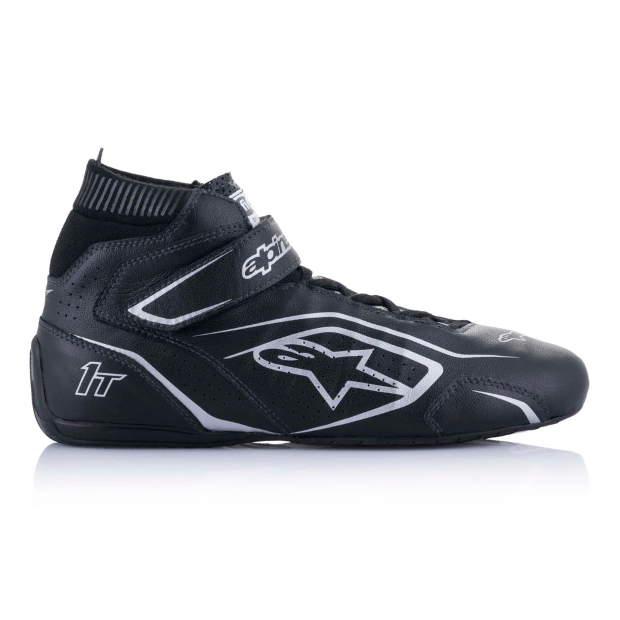 The inside of the black and silver Alpinestars Tech-1 T v3 Racing Shoes - SFI 3.3.
