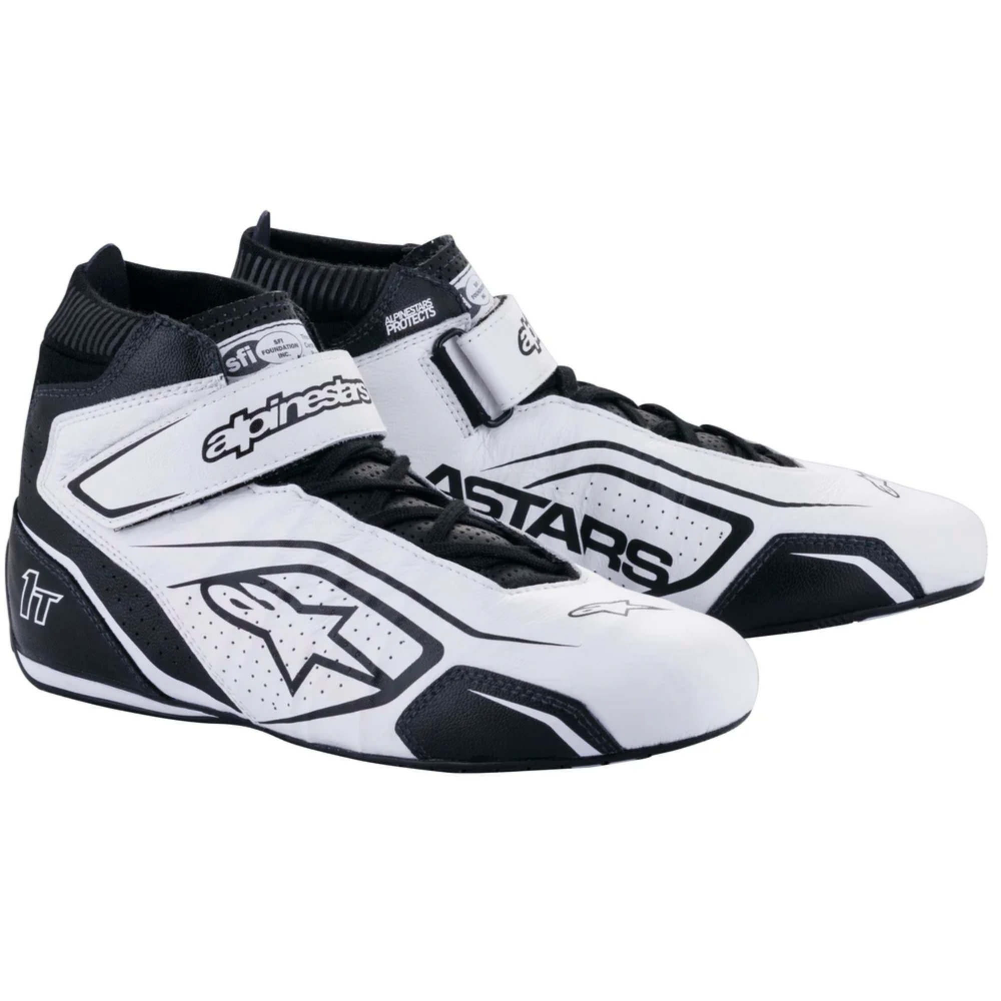 The white and black Alpinestars Tech-1 T v3 Racing Shoes - SFI 3.3.