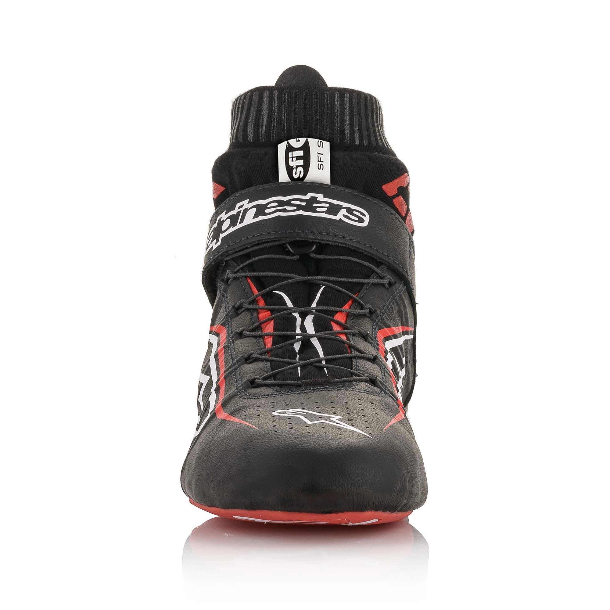 The black, white and red Alpinestars Tech-1 Z v2 Racing Shoes from the front.