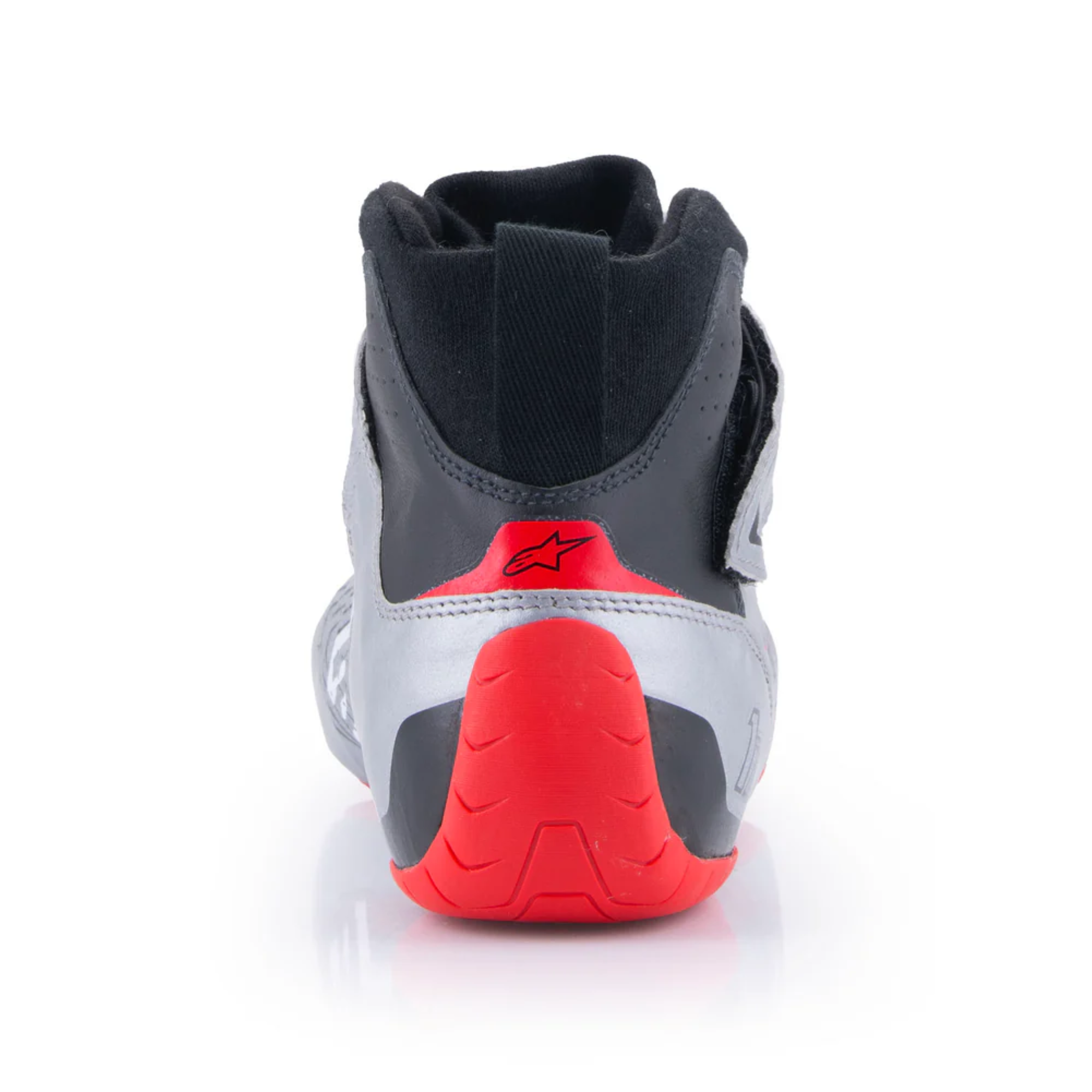 The silver, black and red Alpinestars Tech-1 Z v3 Racing Shoes - SFI 3.3 showing the back heel.
