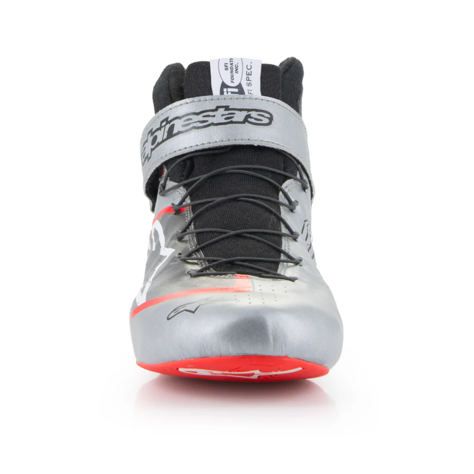 The silver, black and red Alpinestars Tech-1 Z v3 Racing Shoes - SFI 3.3 from the front.