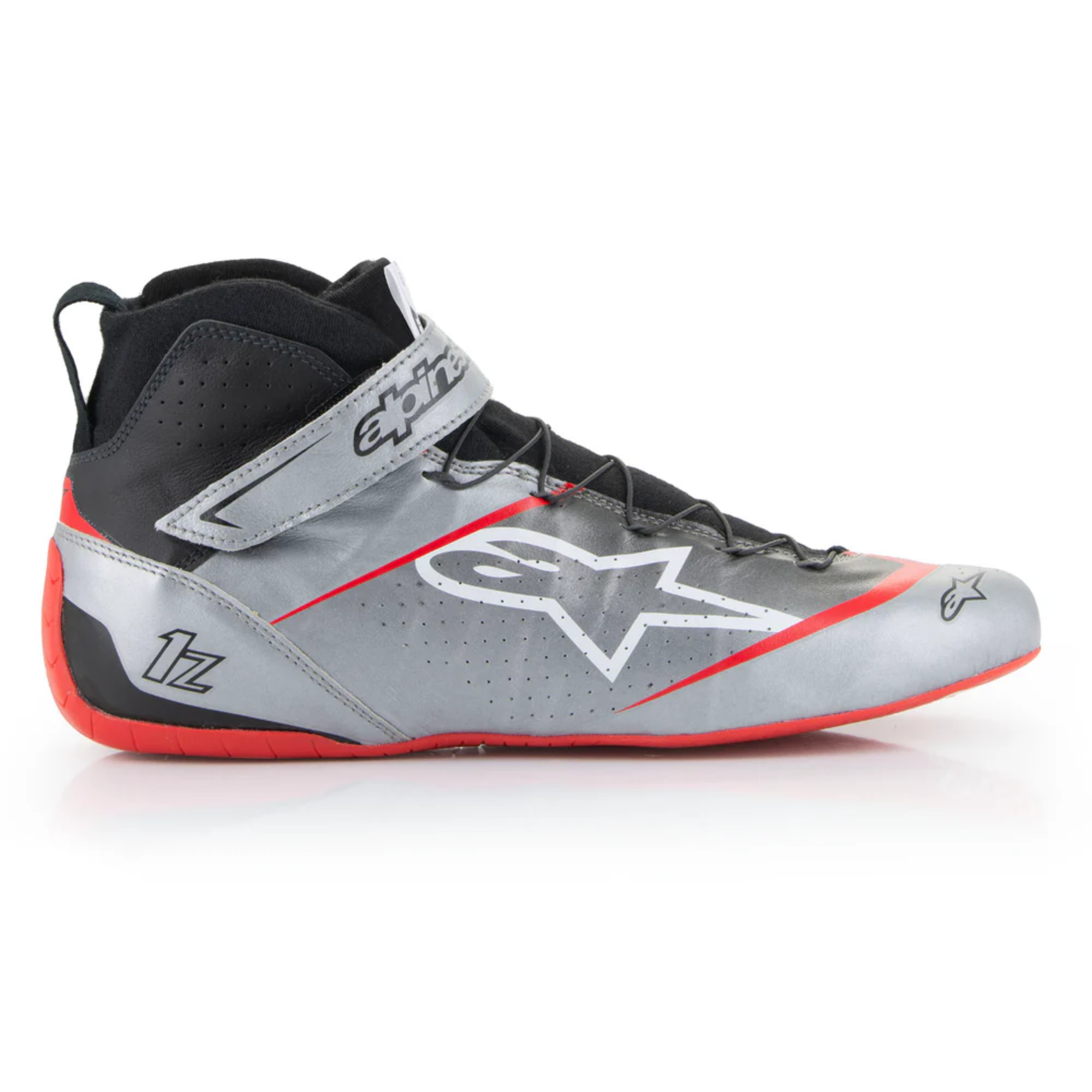 The silver, black and red Alpinestars Tech-1 Z v3 Racing Shoes - SFI 3.3 showing the side of the shoe.