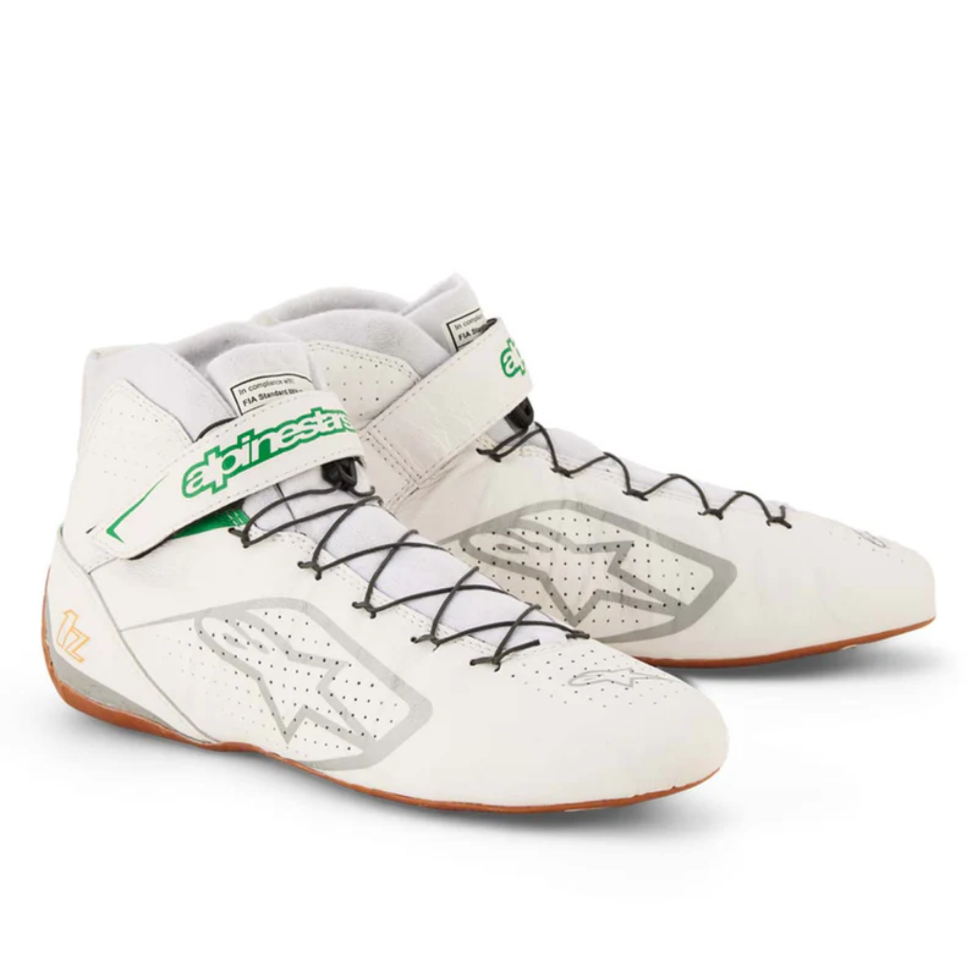 The white and green Alpinestars Tech-1 Z v3 Racing Shoes - SFI 3.3.