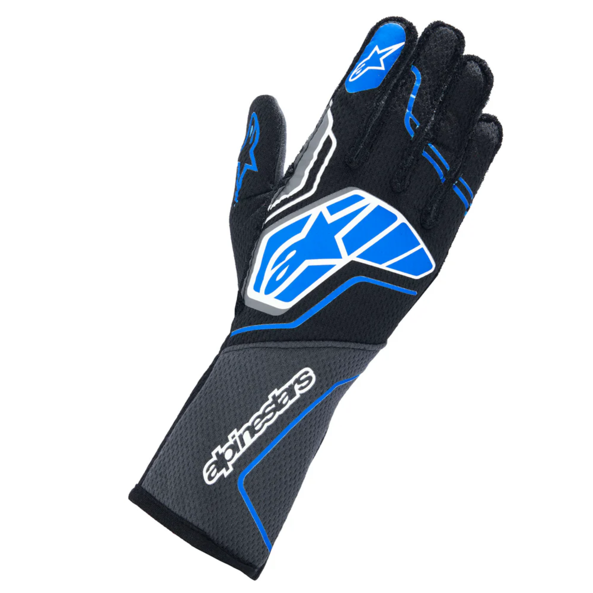 The black and blue Alpinestars Tech-1 ZX v4 Racing Gloves.