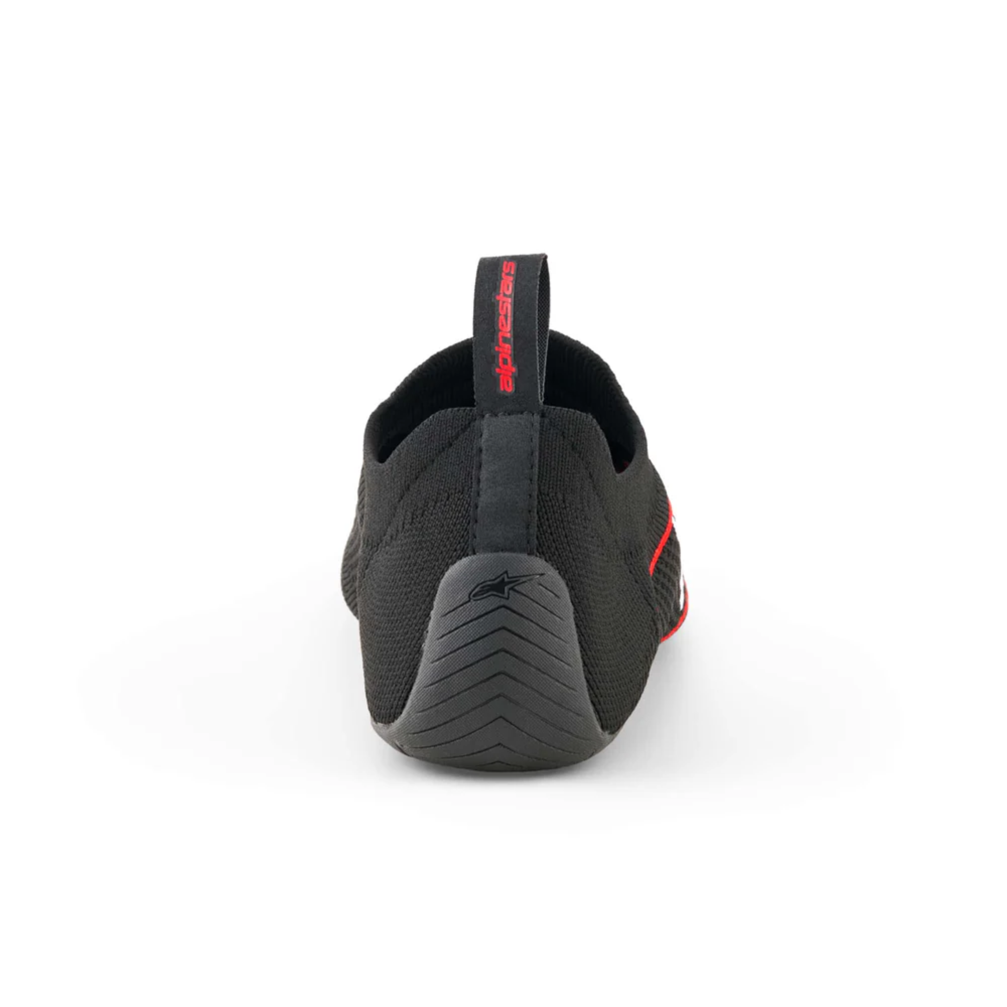 The black Alpinestars Tech Gaming Shoes highlighting the rubberized back heel.
