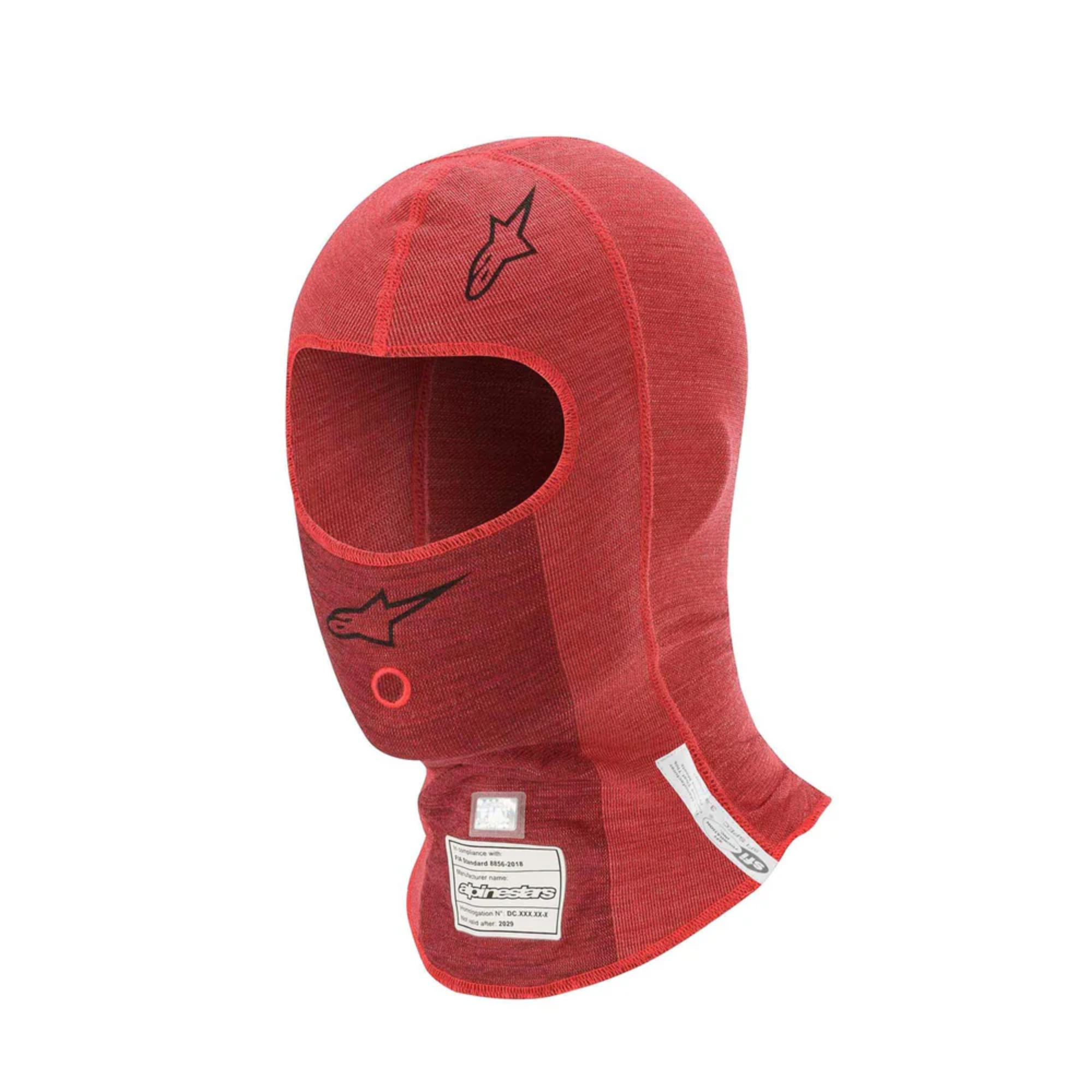 The red Alpinestars ZX Evo v2 Fire Resistant Racing Balaclava which is FIA 8856-2018 and SFI 3.3 rated.