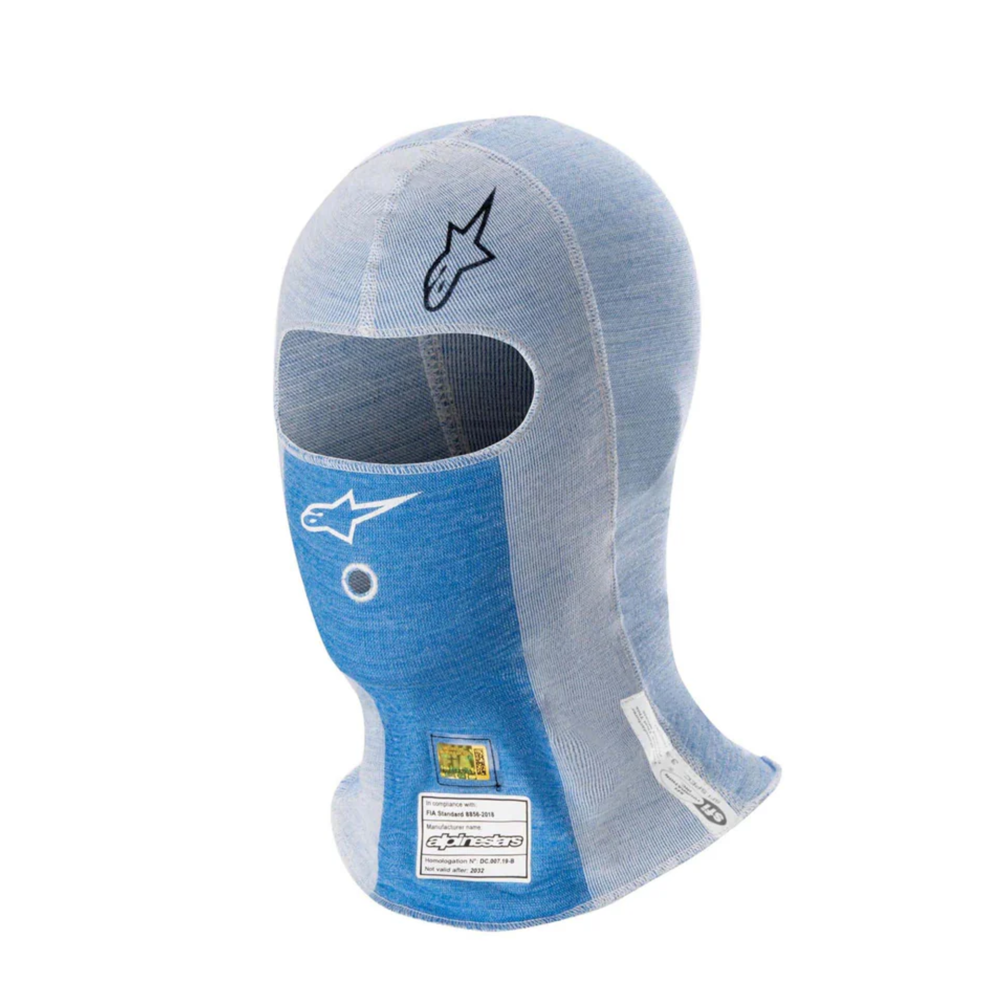 The white and blue Alpinestars ZX Evo v2 Fire Resistant Racing Balaclava which is FIA 8856-2018 and SFI 3.3 rated.