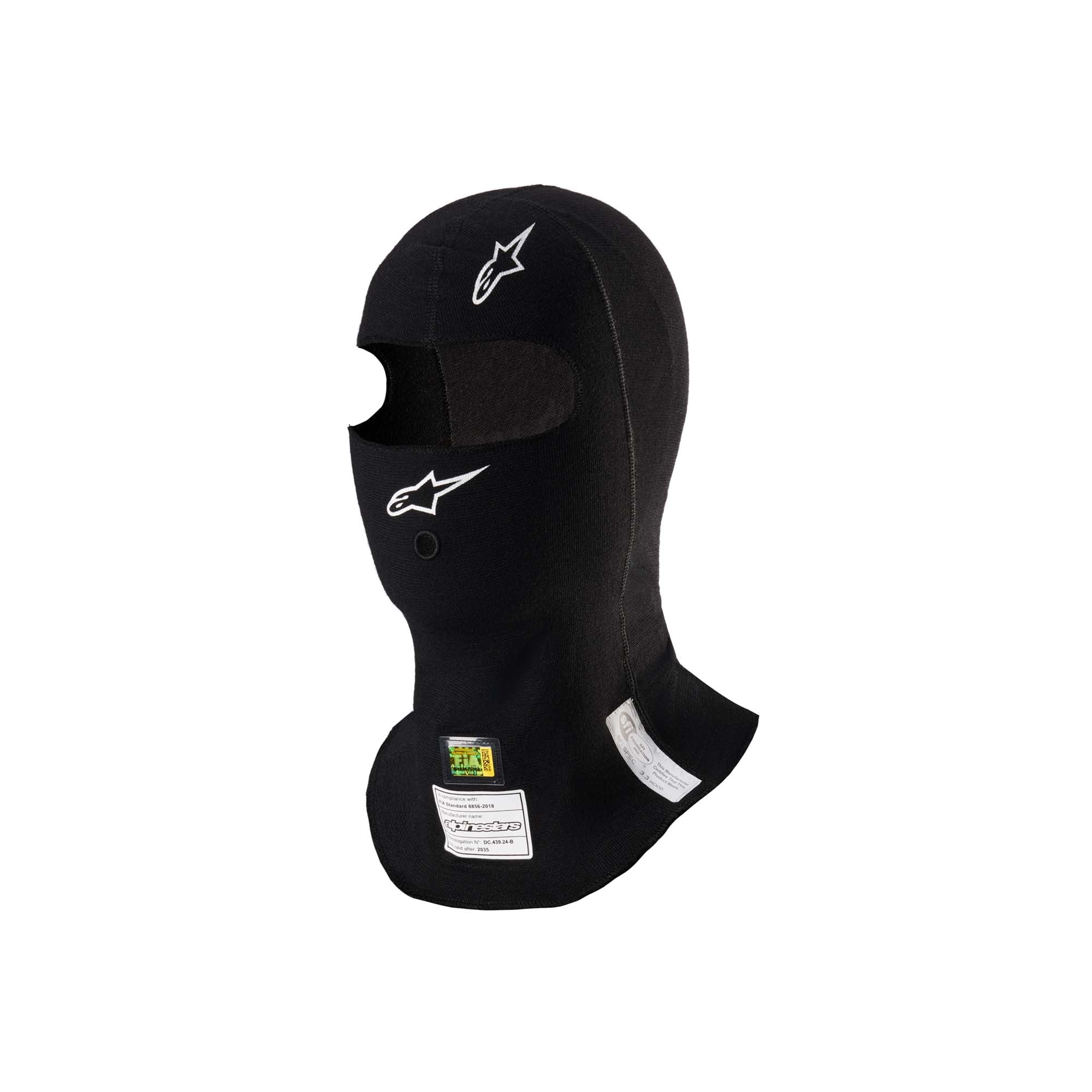 The FIA 8856-2018 and SFI 3.3 safety certified black Alpinestars ZX Evo v3 Racing Balaclava.