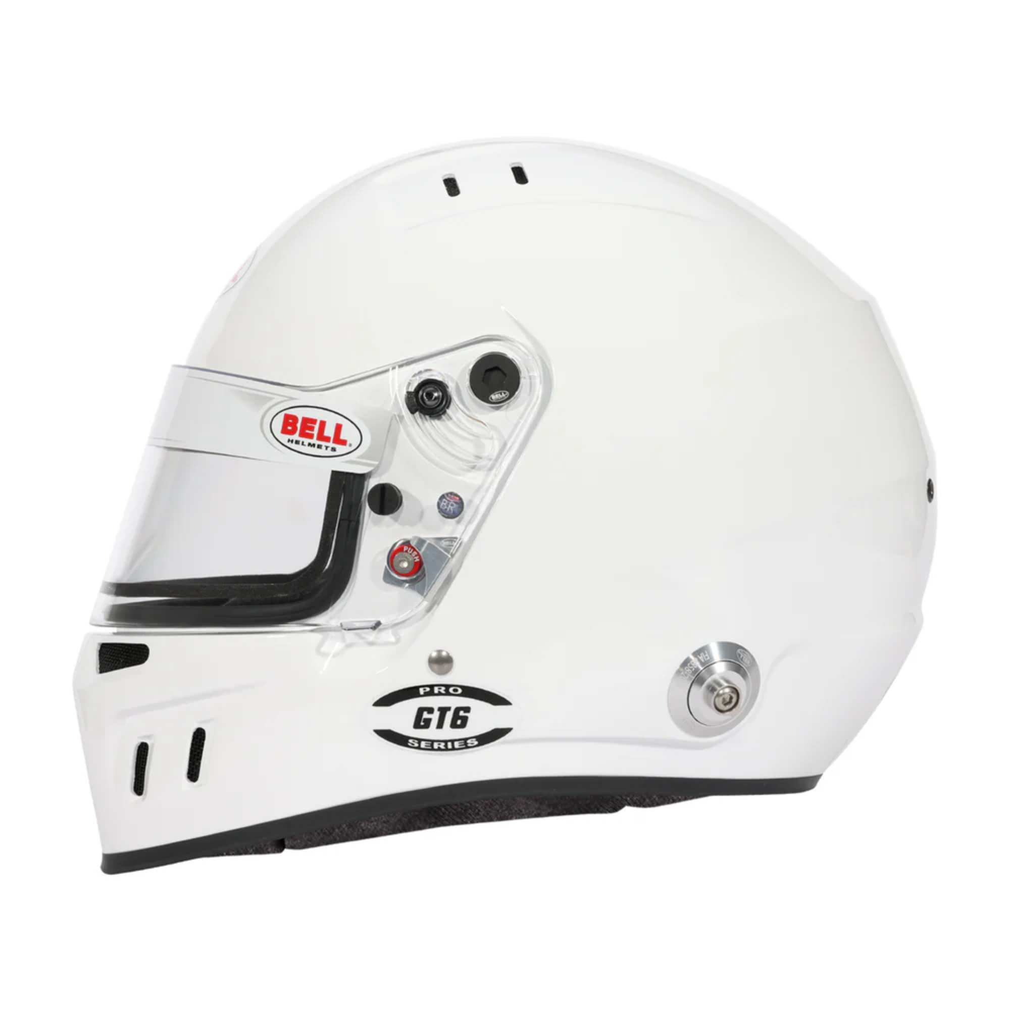 The SA2025 and FIA8859 certified white Bell GT6 Pro Racing Helmet from the side.