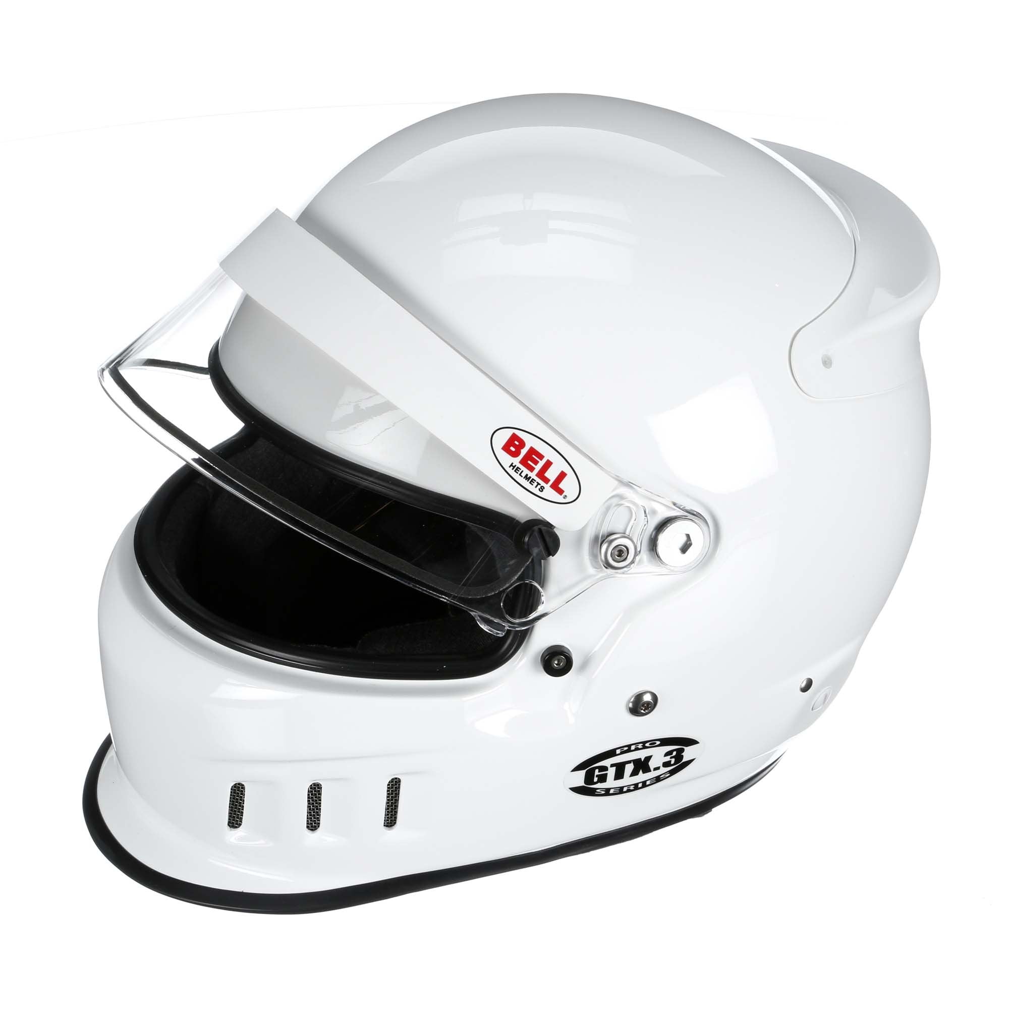 The white SA2020 and FIA8859 Bell GTX3 Racing Helmet at an angle from the top with the visor open.