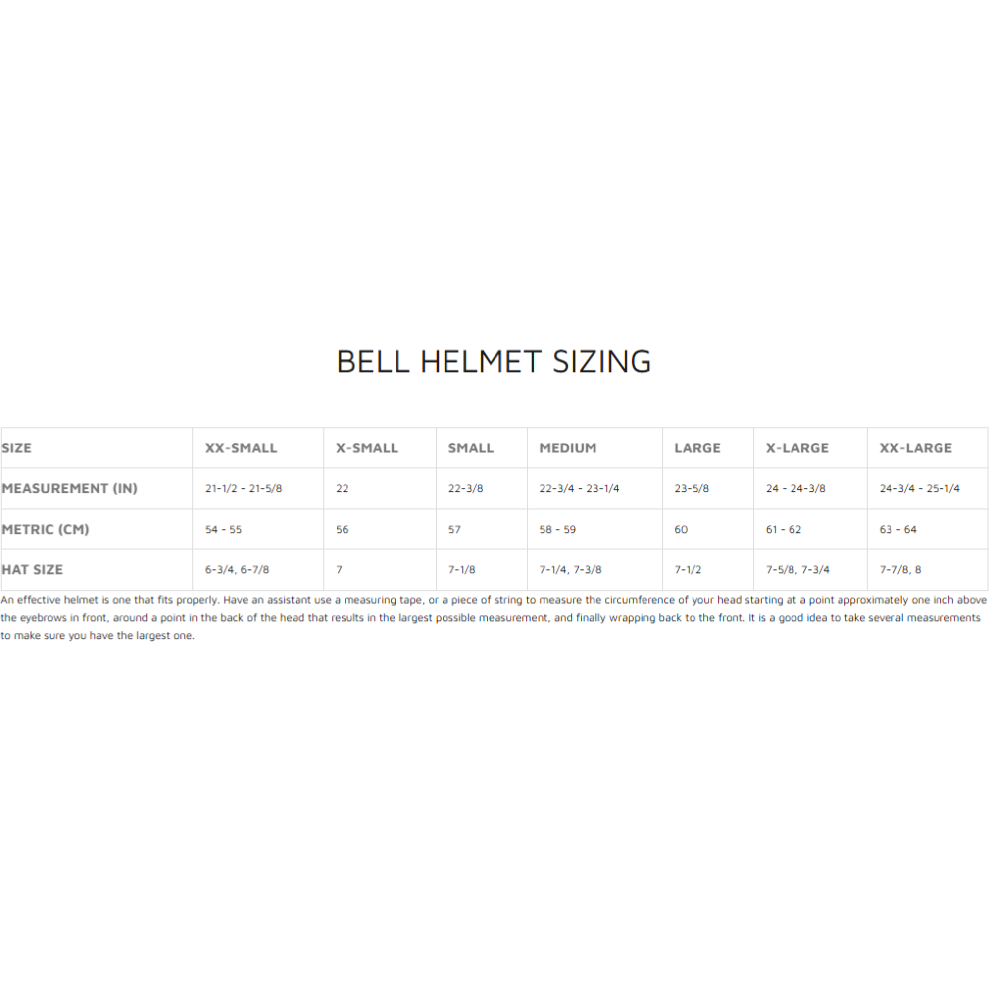 The Bell helmet sizing chart (size guide). all-groups