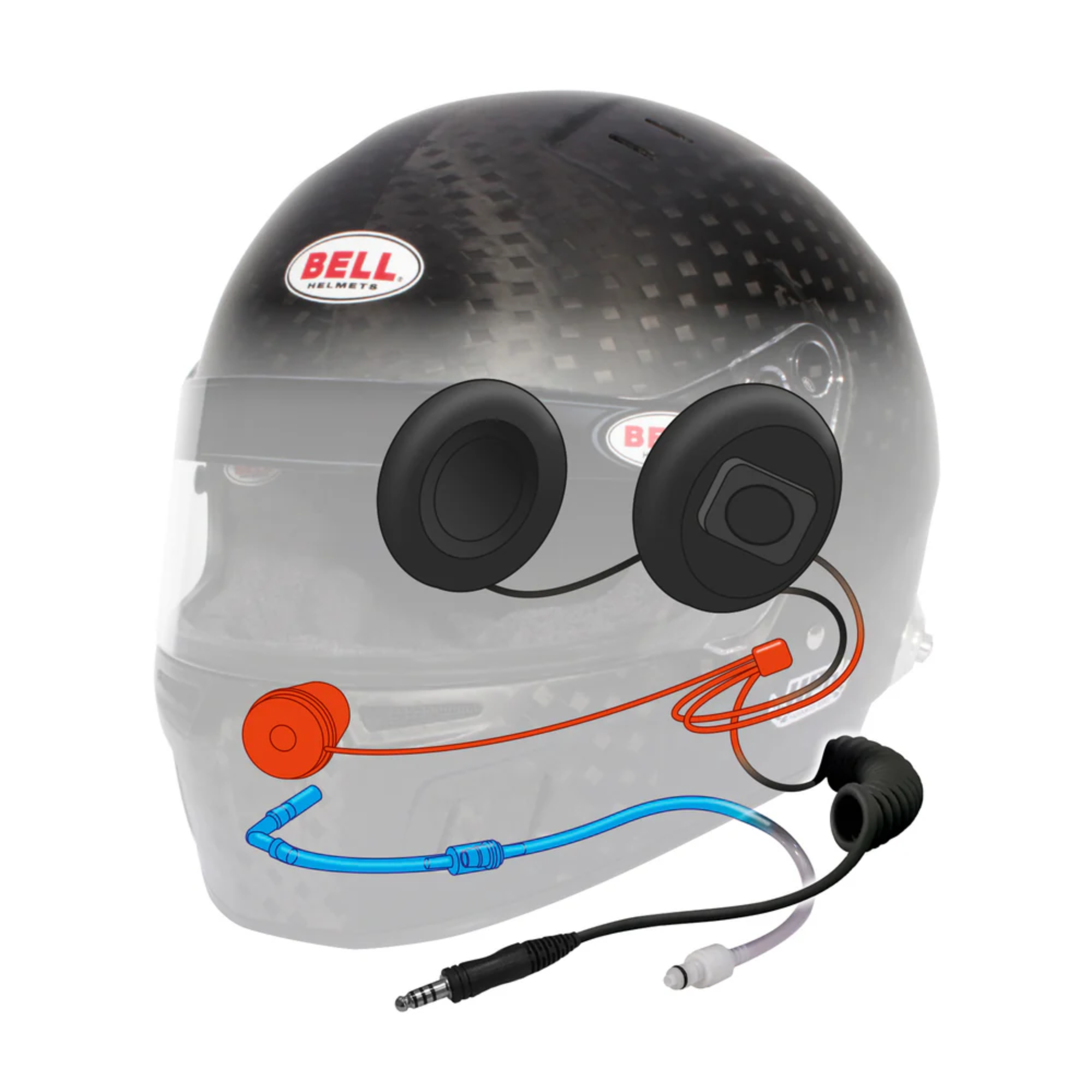 A diagram of the Bell HP6 RD 4C/EC Carbon Racing Helmet showing the water line and driver communications.