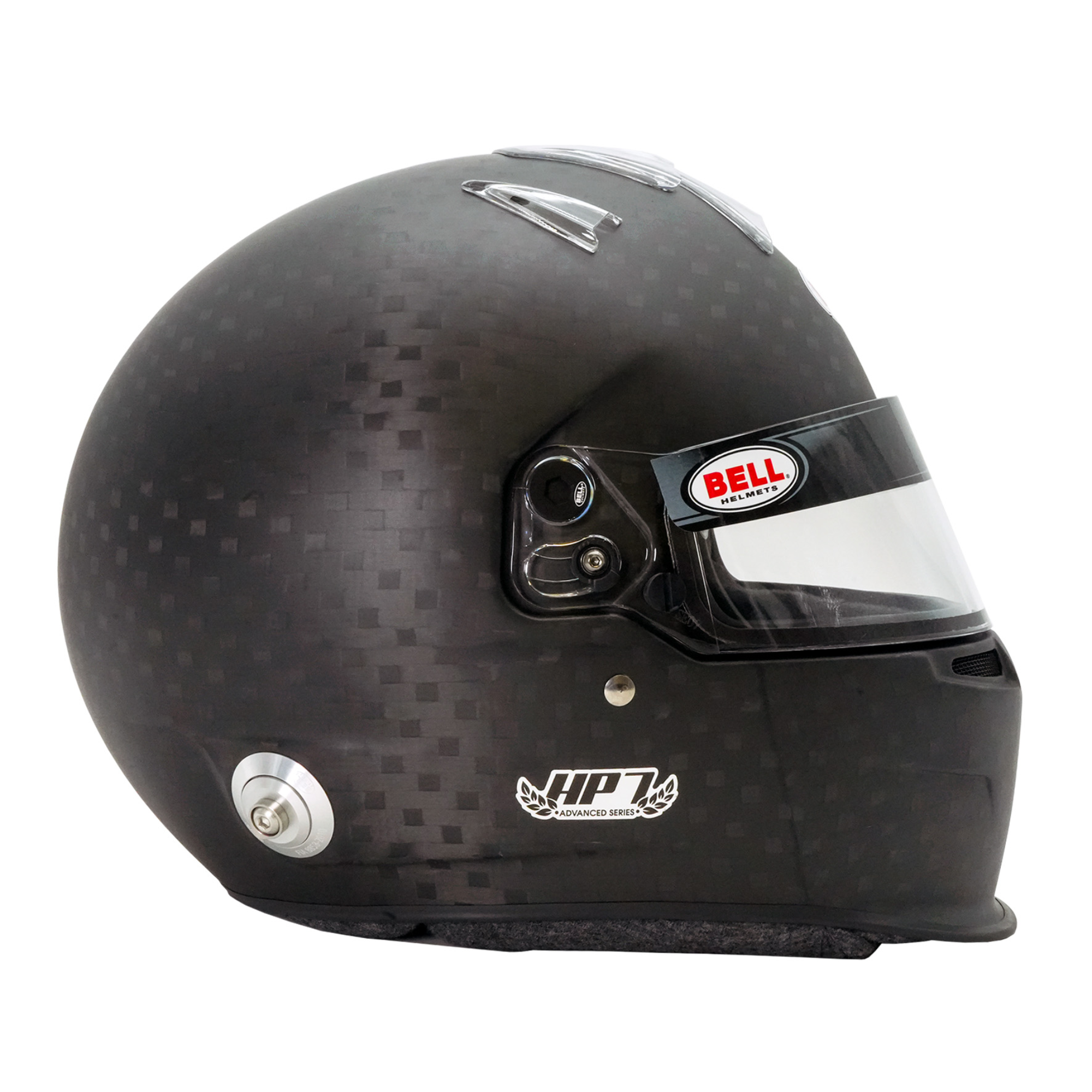 The left side of the FIA 8860-2010 Bell HP7 Evo III Carbon Duckbill Racing Helmet.