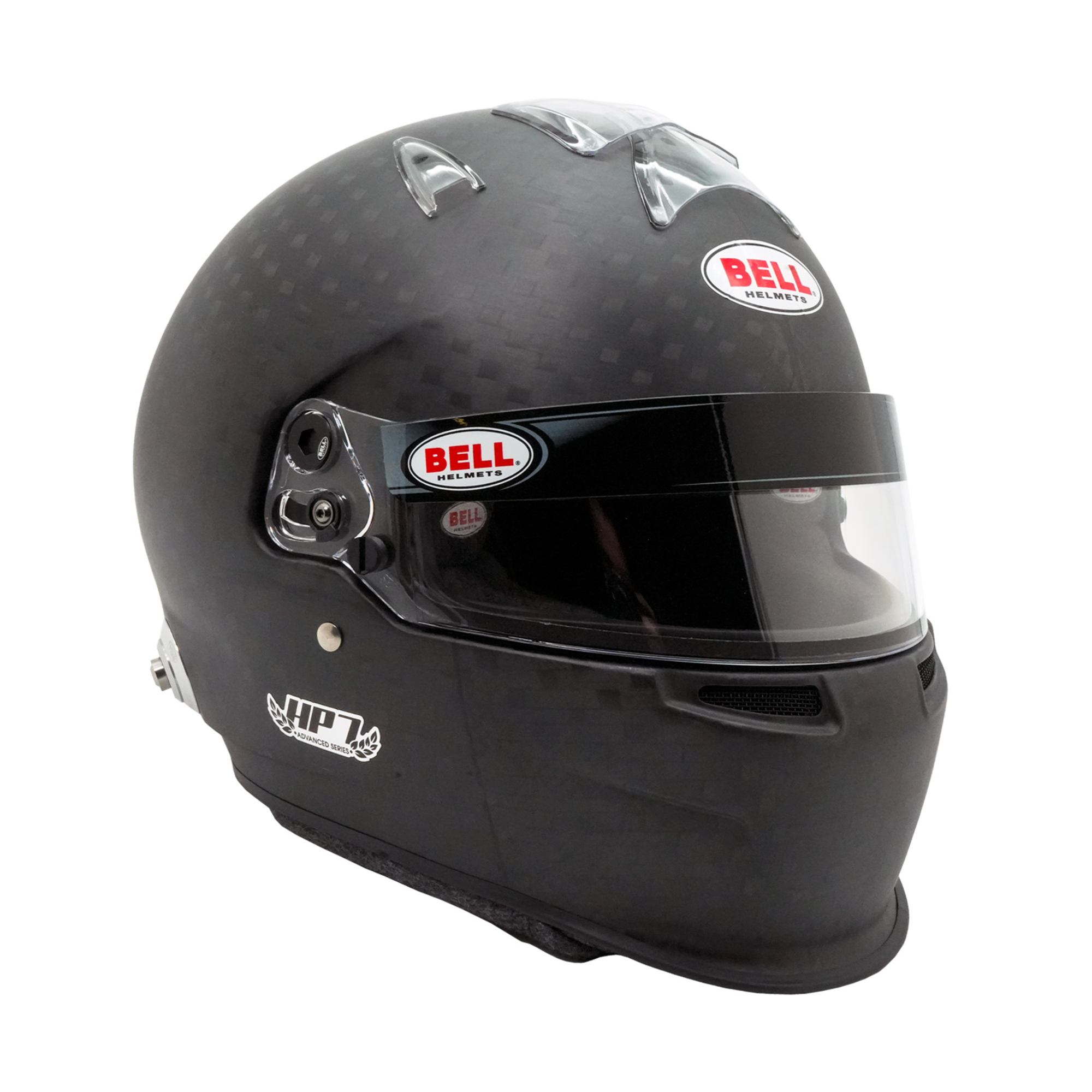 The FIA 8860-2010 Bell HP7 Evo III Carbon Duckbill Racing Helmet at an angle.
