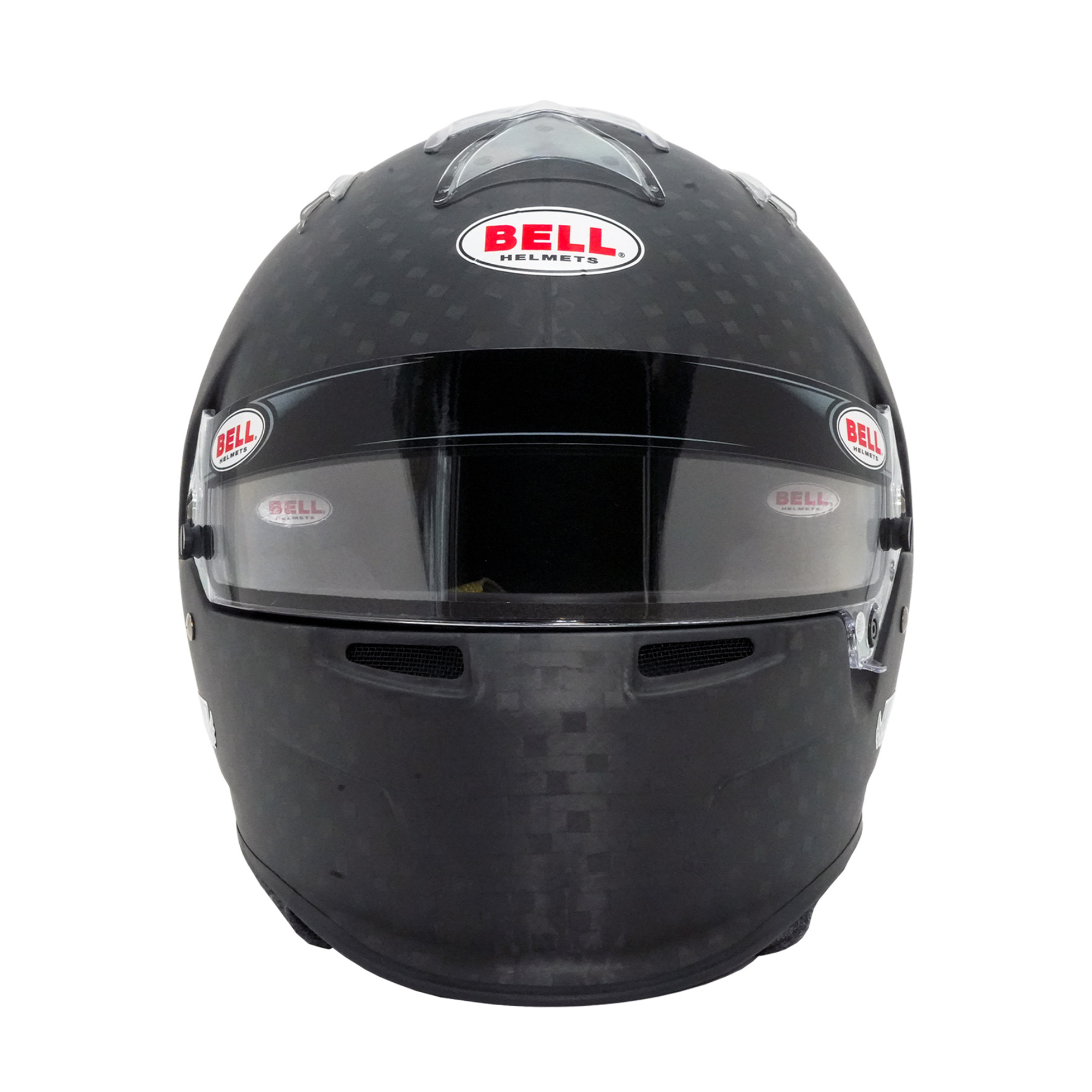 The front of the FIA 8860-2010 Bell HP7 Evo III Carbon Duckbill Racing Helmet.