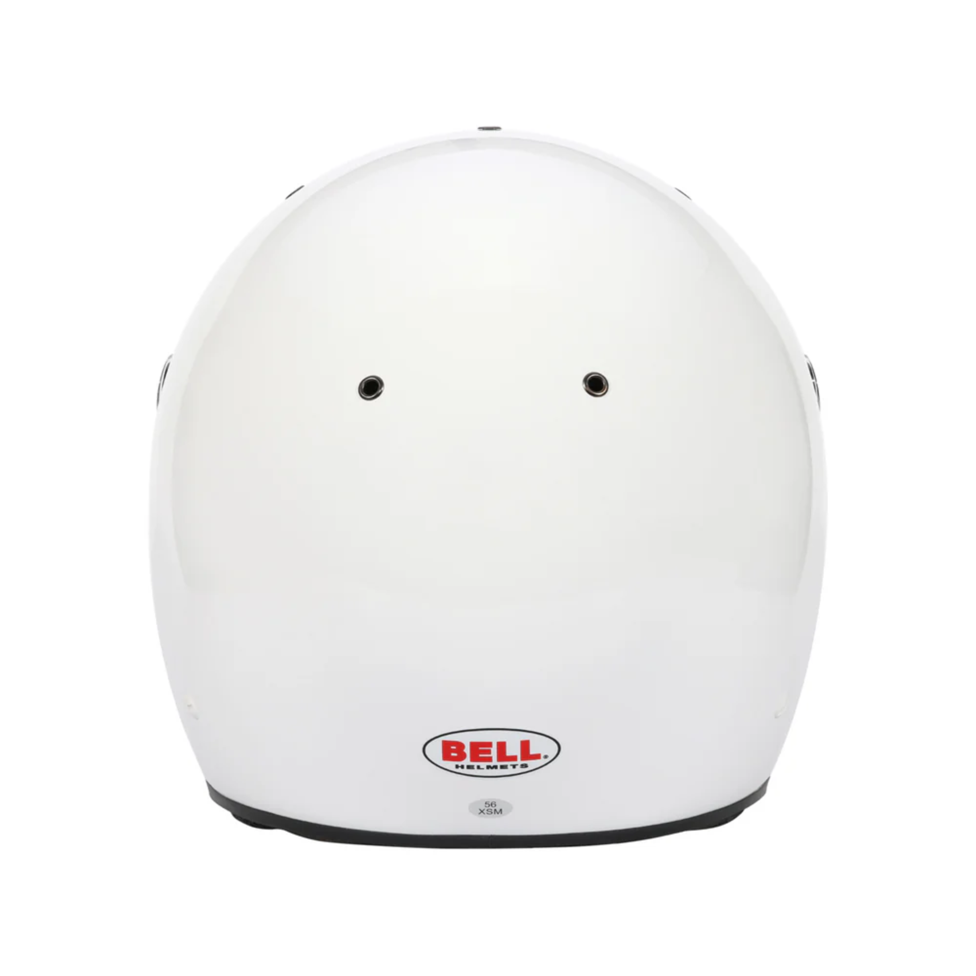 The white Bell K1 Sport Racing Helmet which is Snell SA2025 certified from the back.
