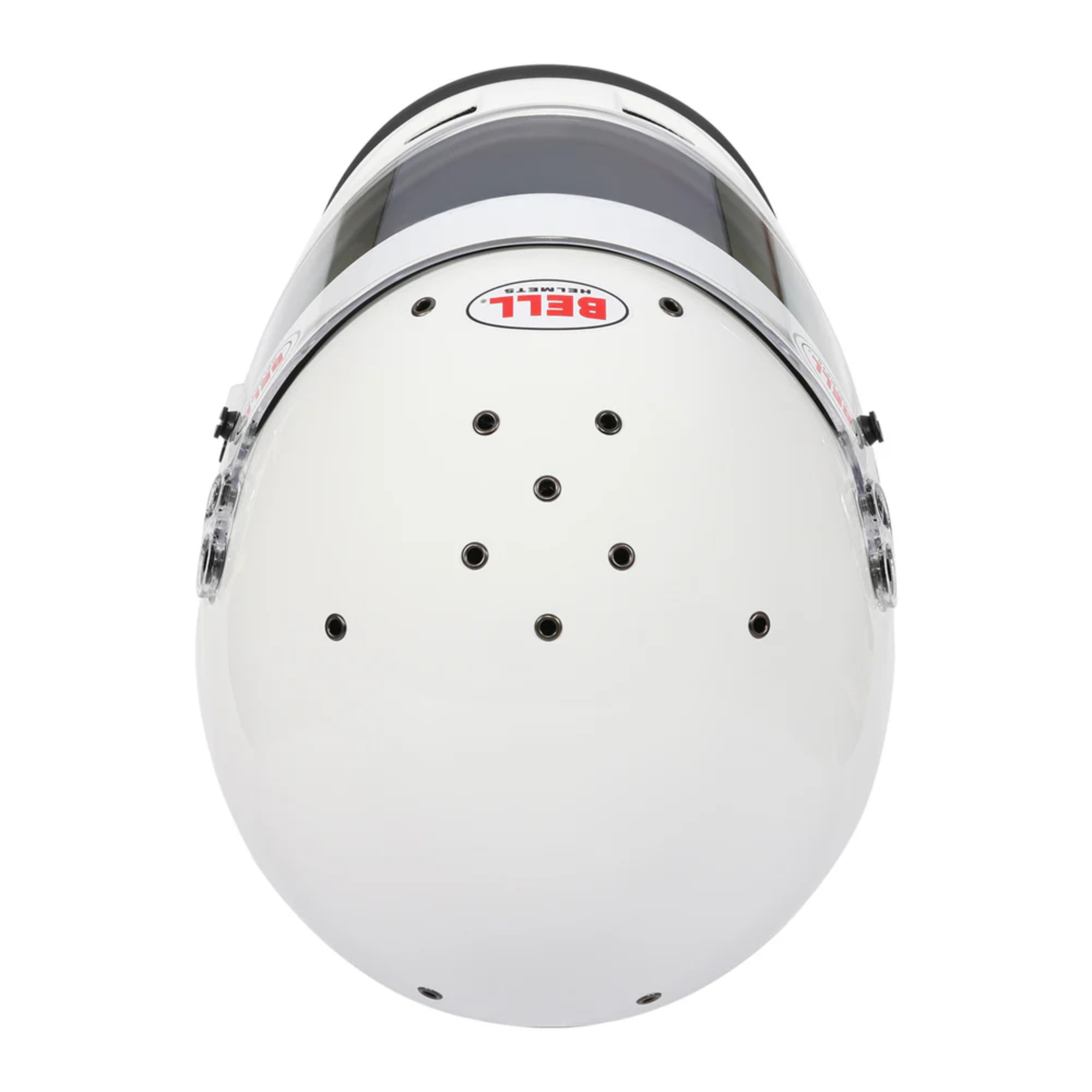 The white Bell K1 Sport Racing Helmet which is Snell SA2025 certified from the top.