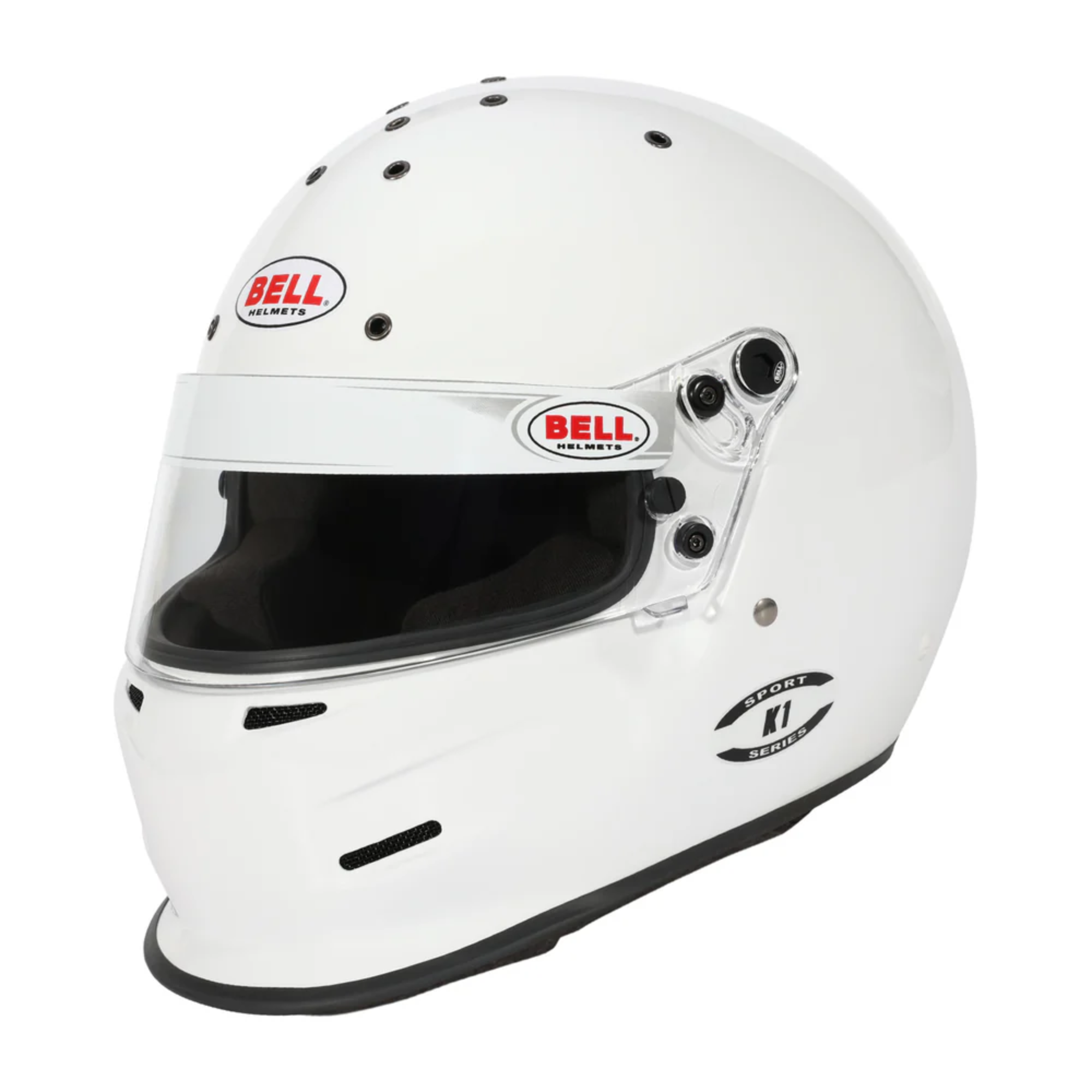 The white Bell K1 Sport Racing Helmet which is Snell SA2025 certified.