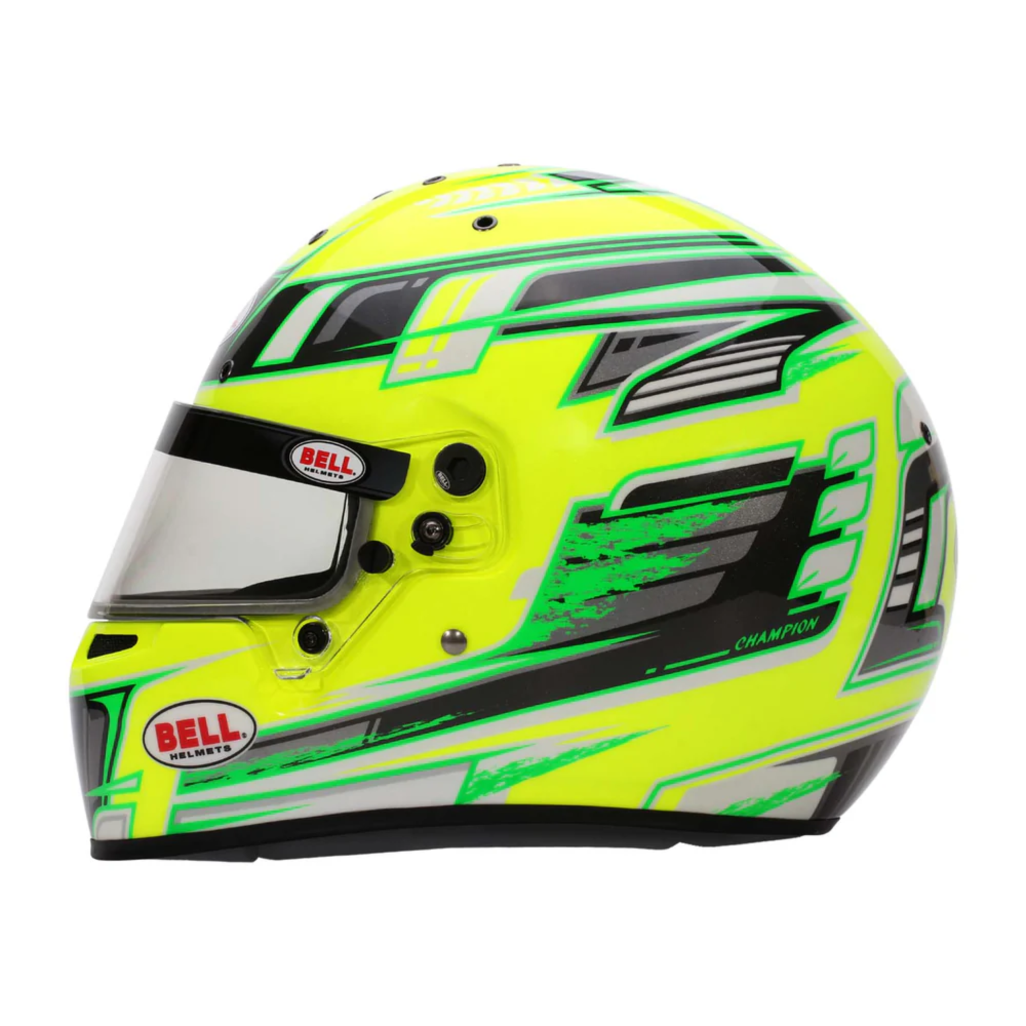 The side of the anthracite and yellow Bell KC7-CMR Pro Champion Karting Helmet.