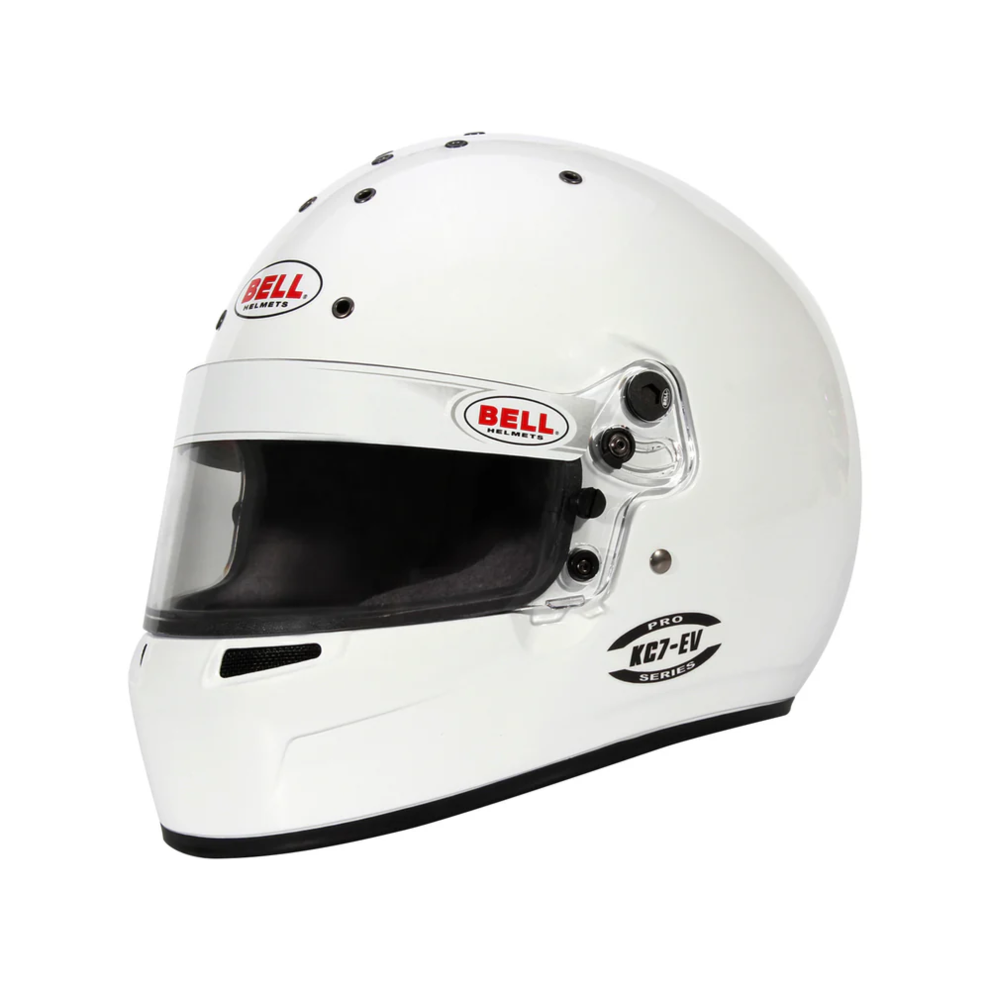 The white Bell KC7-EV Youth Karting Helmet for drivers under eighteen.
