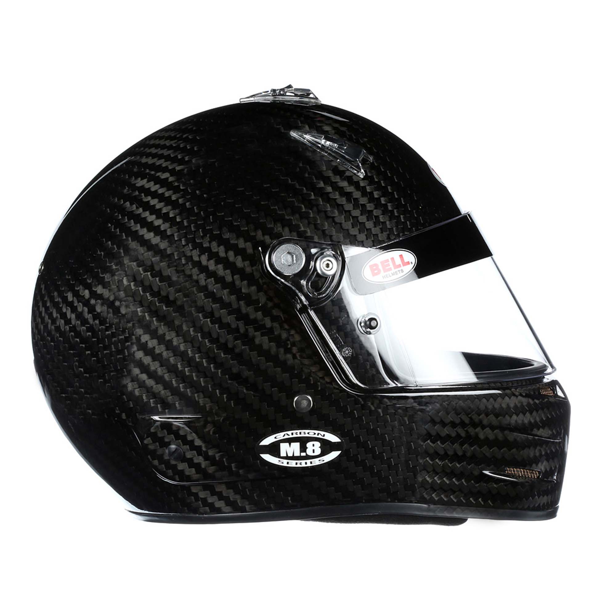 The side of the SA2020 and FIA8859 certified Bell M.8 Carbon Racing Helmet.