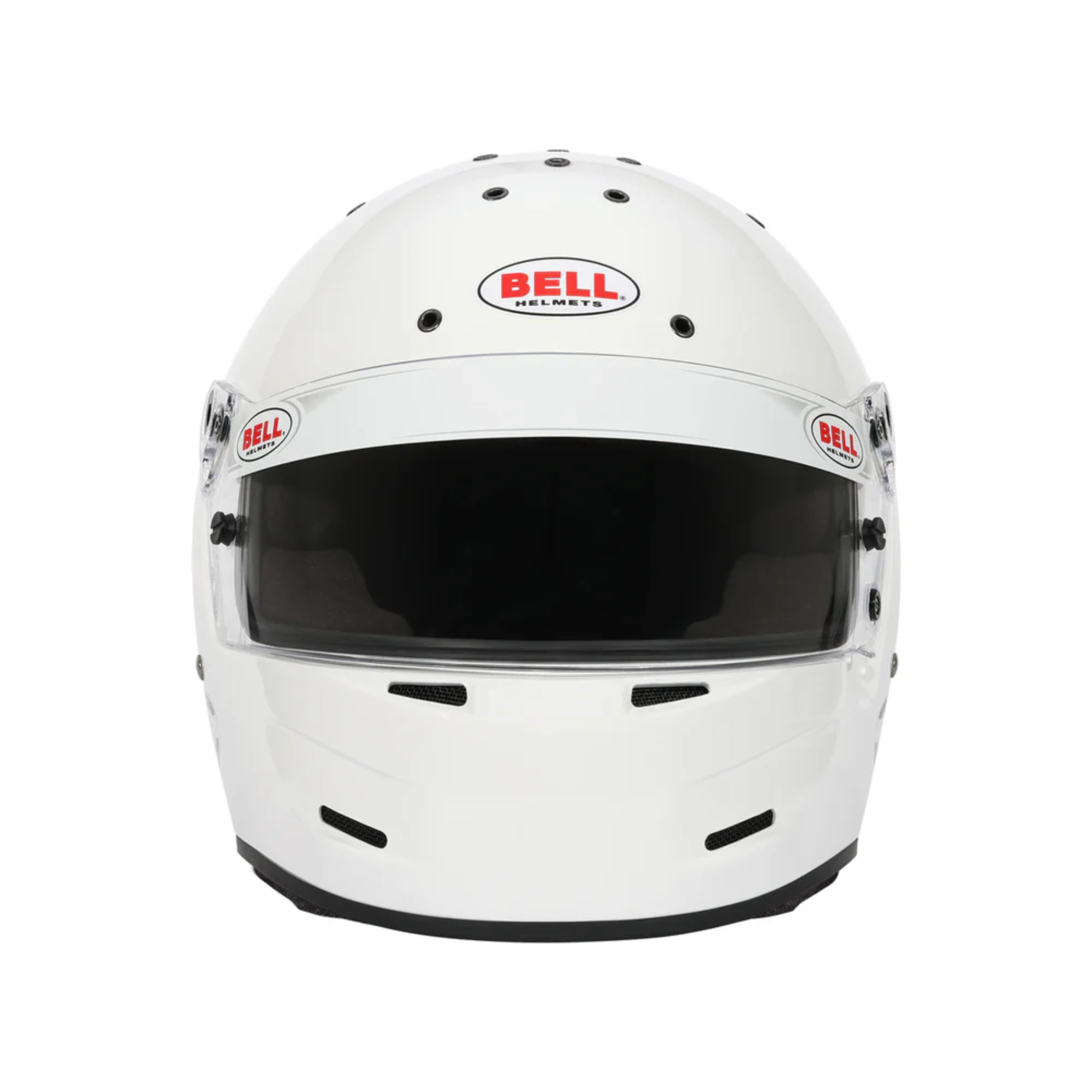 The front of the SA2025 certified white Bell M8 Sport Racing Helmet.