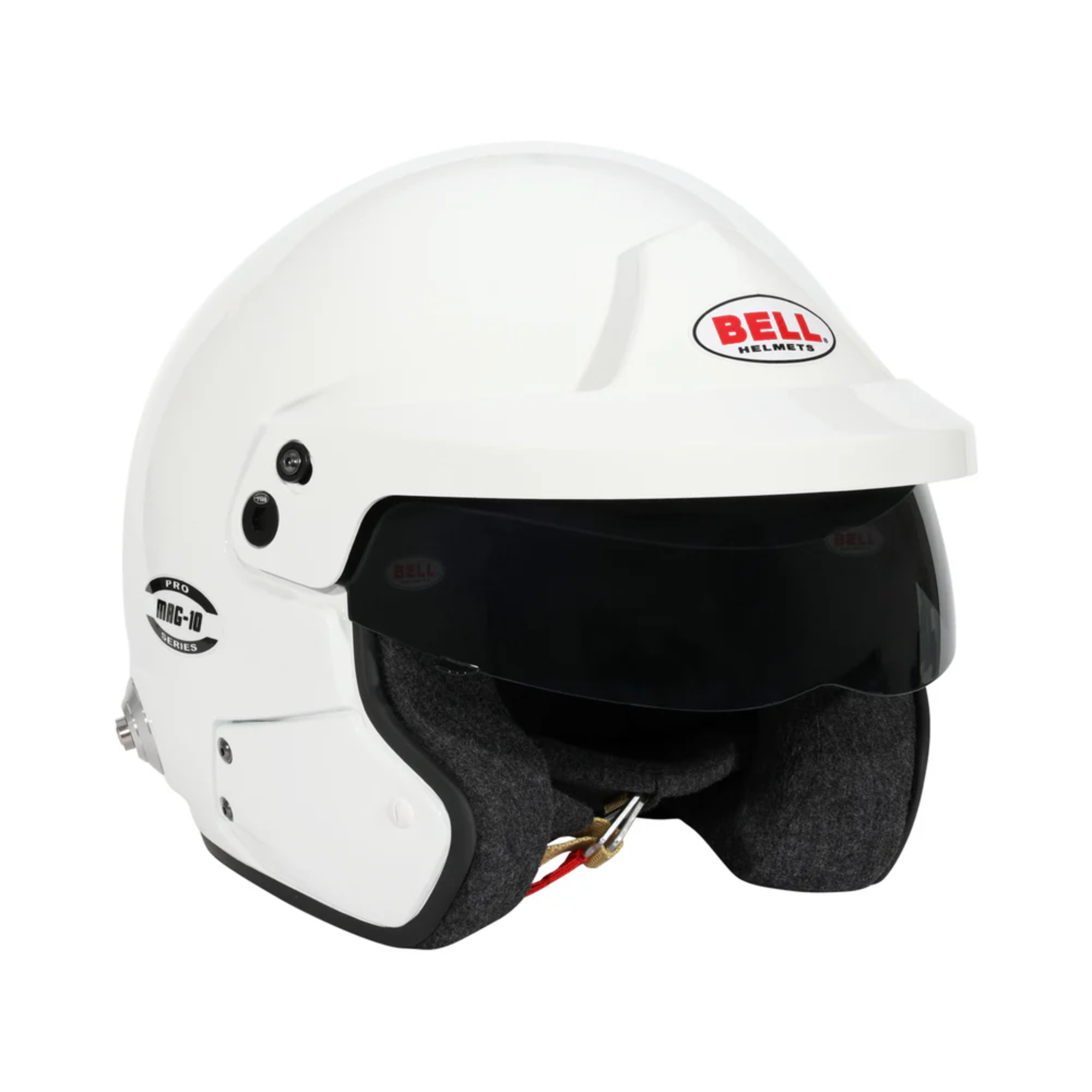 The SA2025 and FIA8859 safety certified white Bell Mag-10 Pro Racing Helmet at an angle.