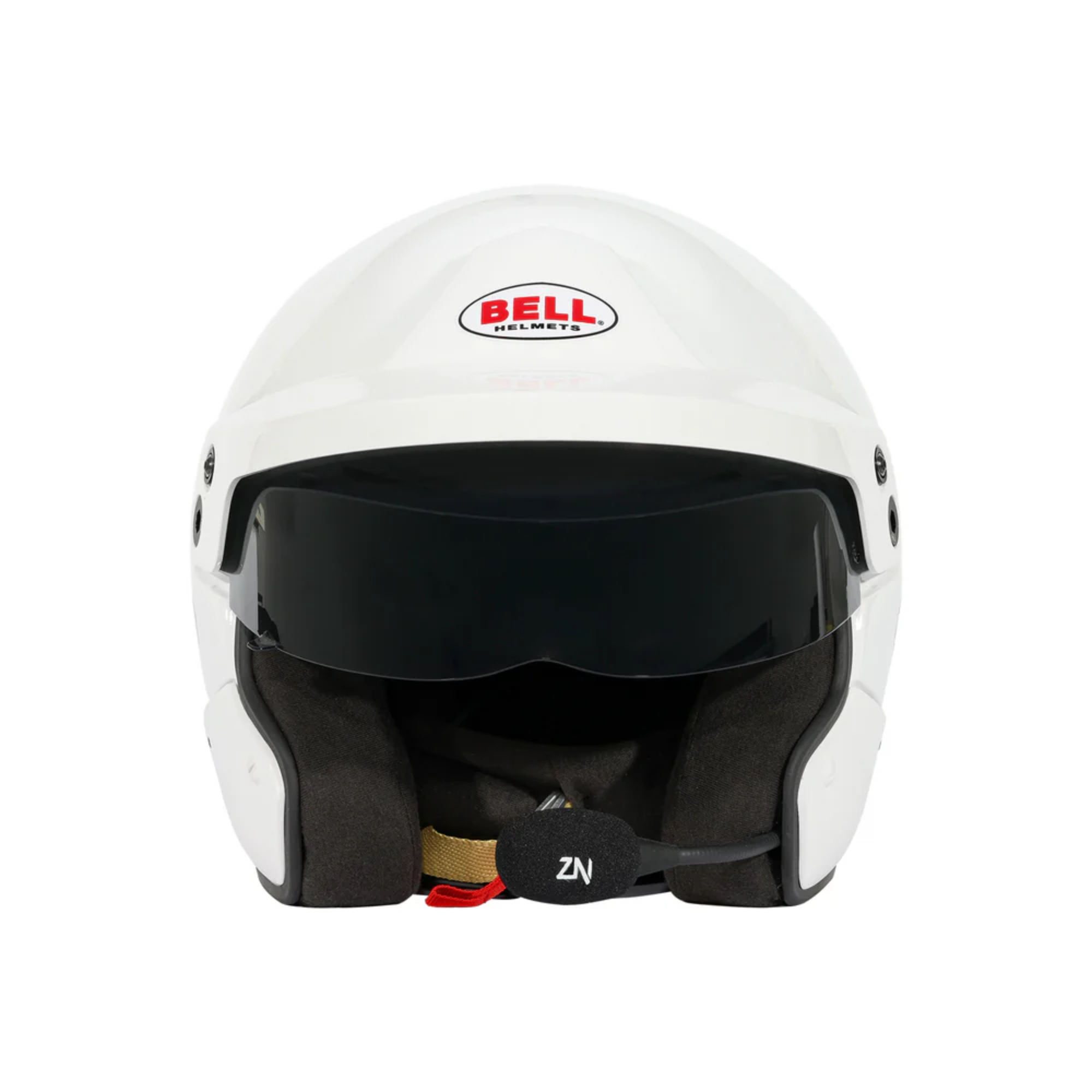 The front of the SA2025 and FIA8859 safety certified white Bell Mag-10 Pro Racing Helmet.