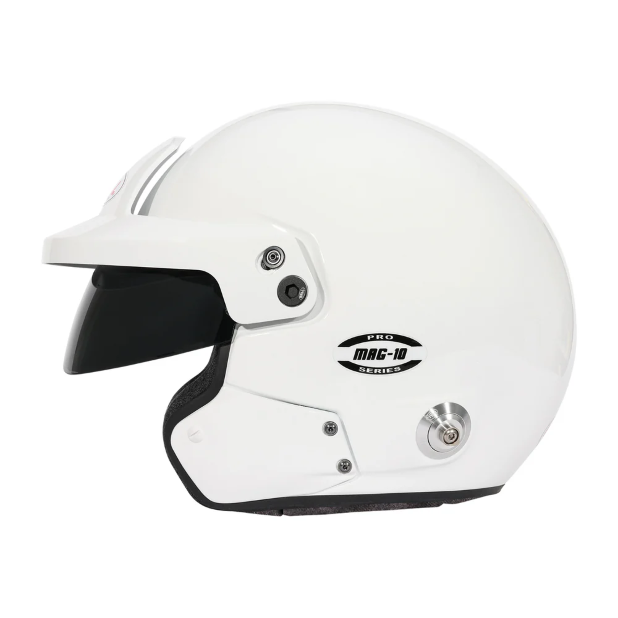 The side of the SA2025 and FIA8859 safety certified white Bell Mag-10 Pro Racing Helmet.