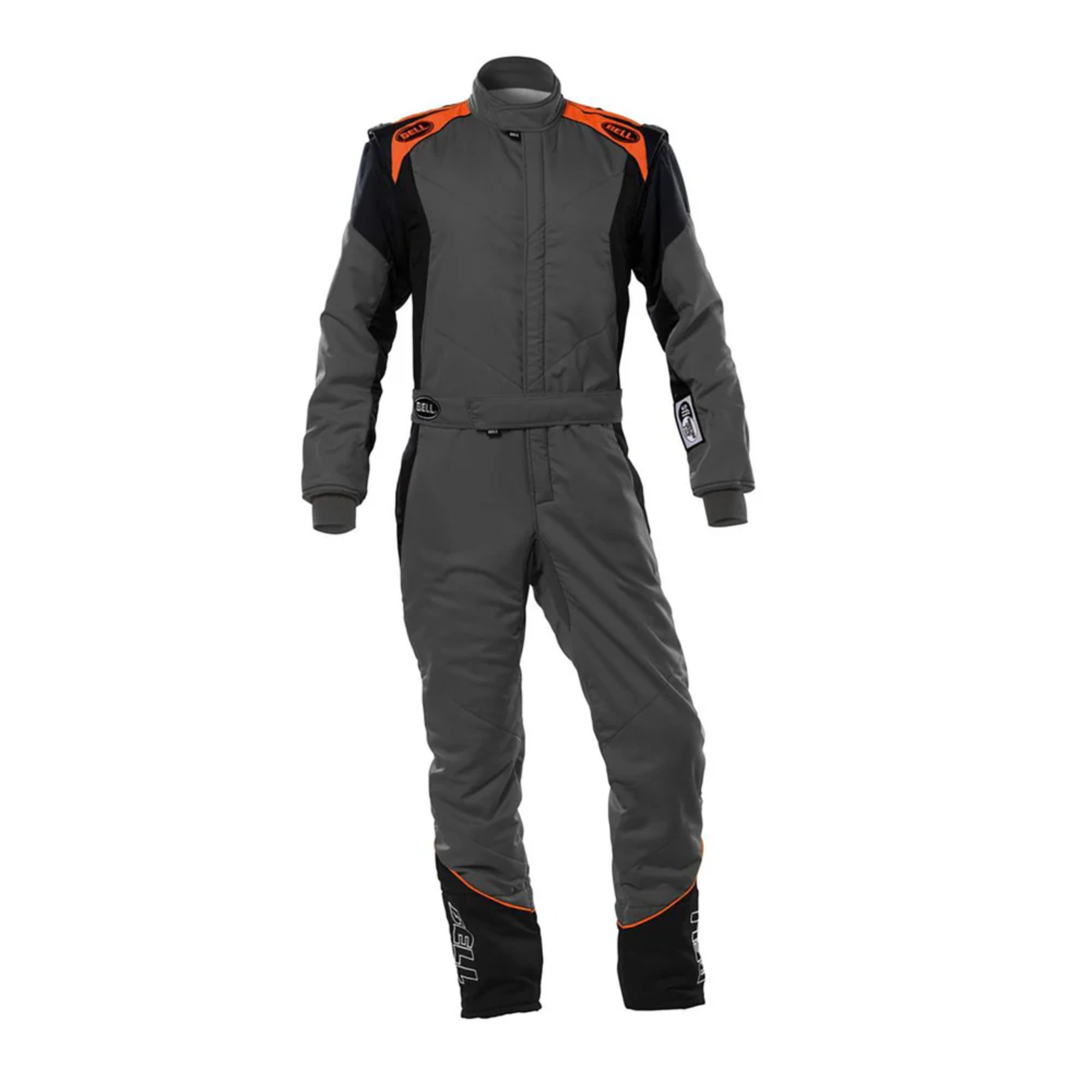 The front of the grey and orange Bell Pro-TX Racing Suit from Bell.