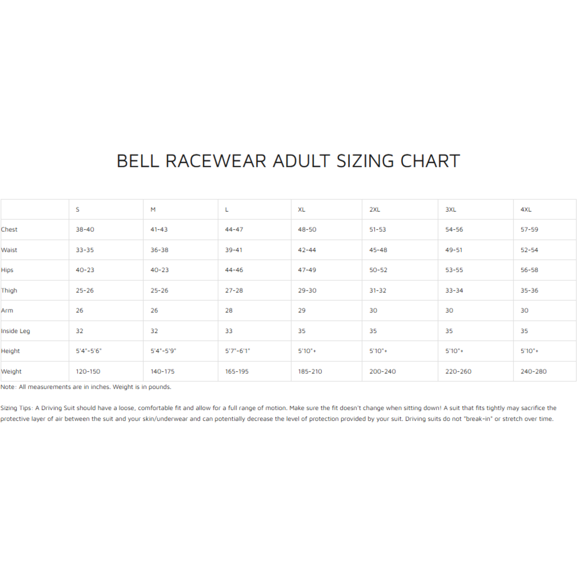 The bell racewear adult sizing chart size guide. all-groups