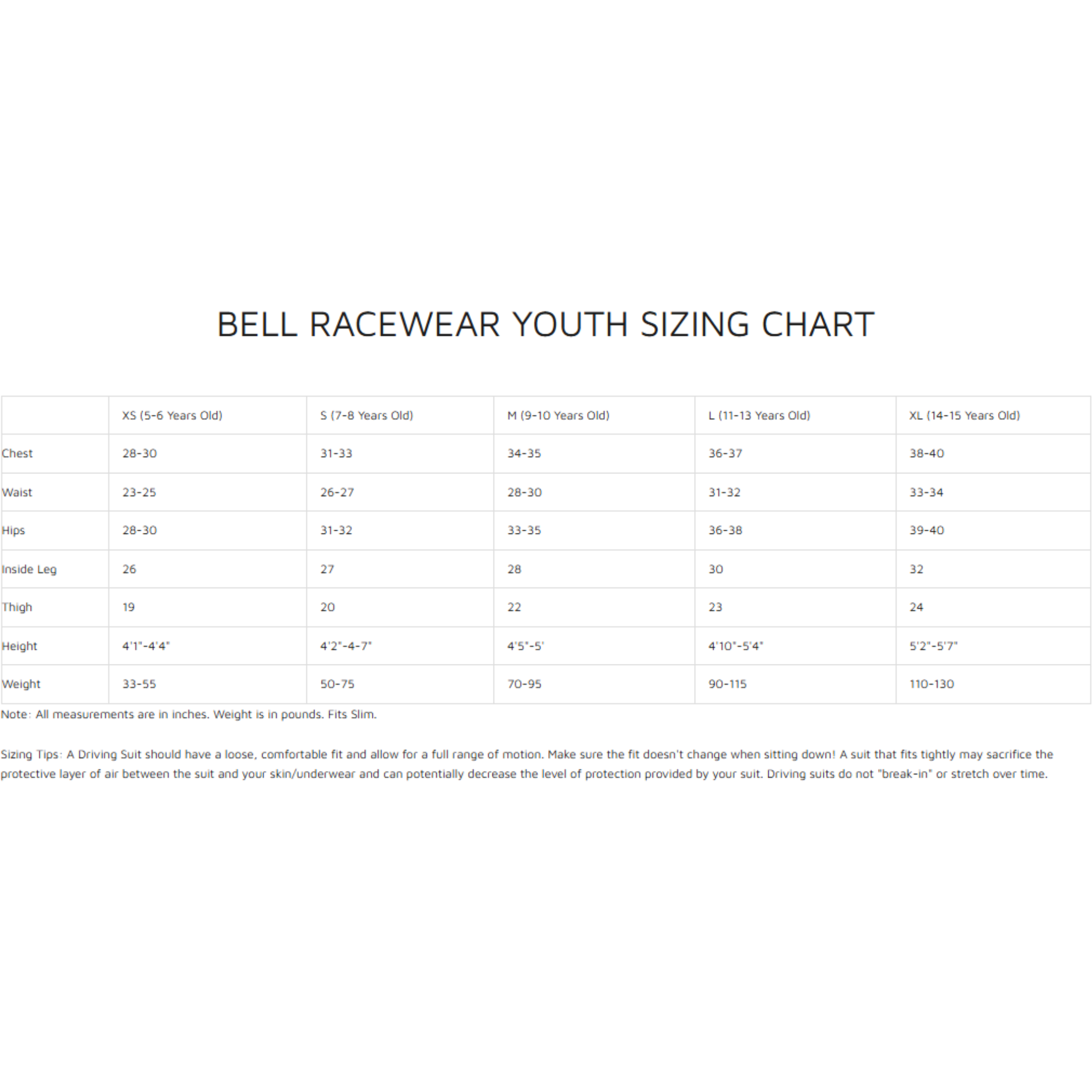 The bell racewear youth sizing chart size guide. all-groups