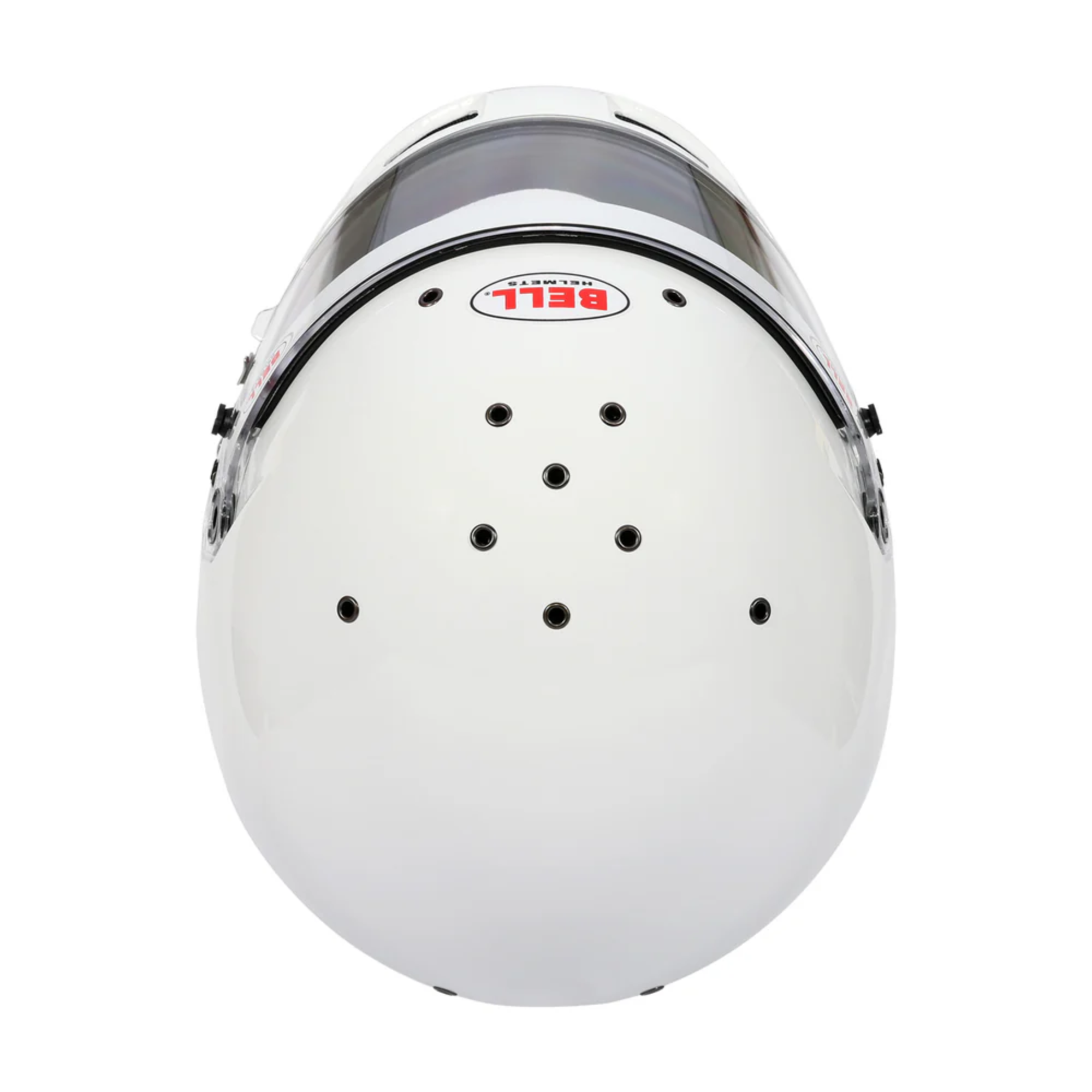 The top of the K2025 and FIA8878 certified white Bell RS7-K Pro Karting Helmet.