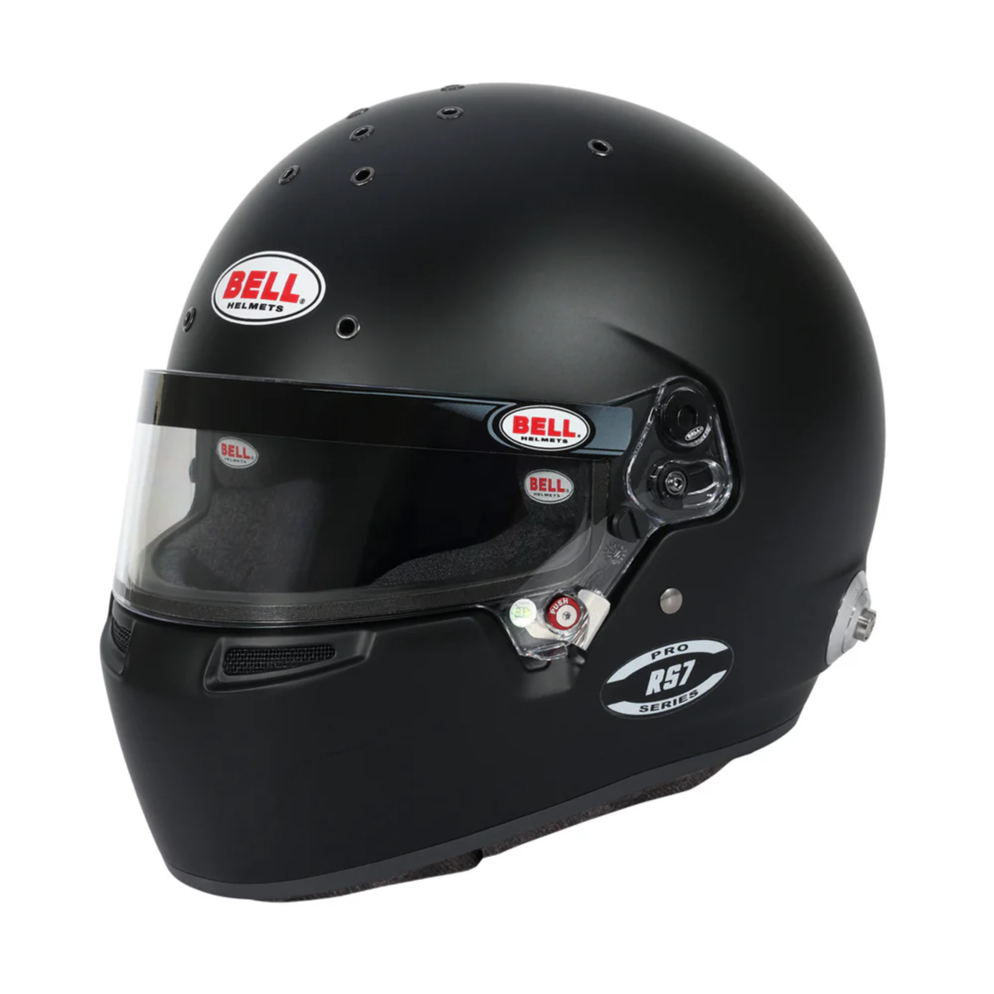 The flat black Bell RS7 Pro Racing Helmet - SA2025 / FIA8859.