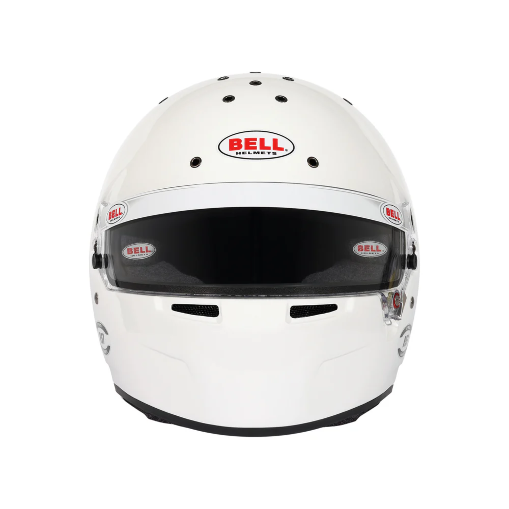 The front of the white Bell RS7 Pro Racing Helmet - SA2025 / FIA8859.