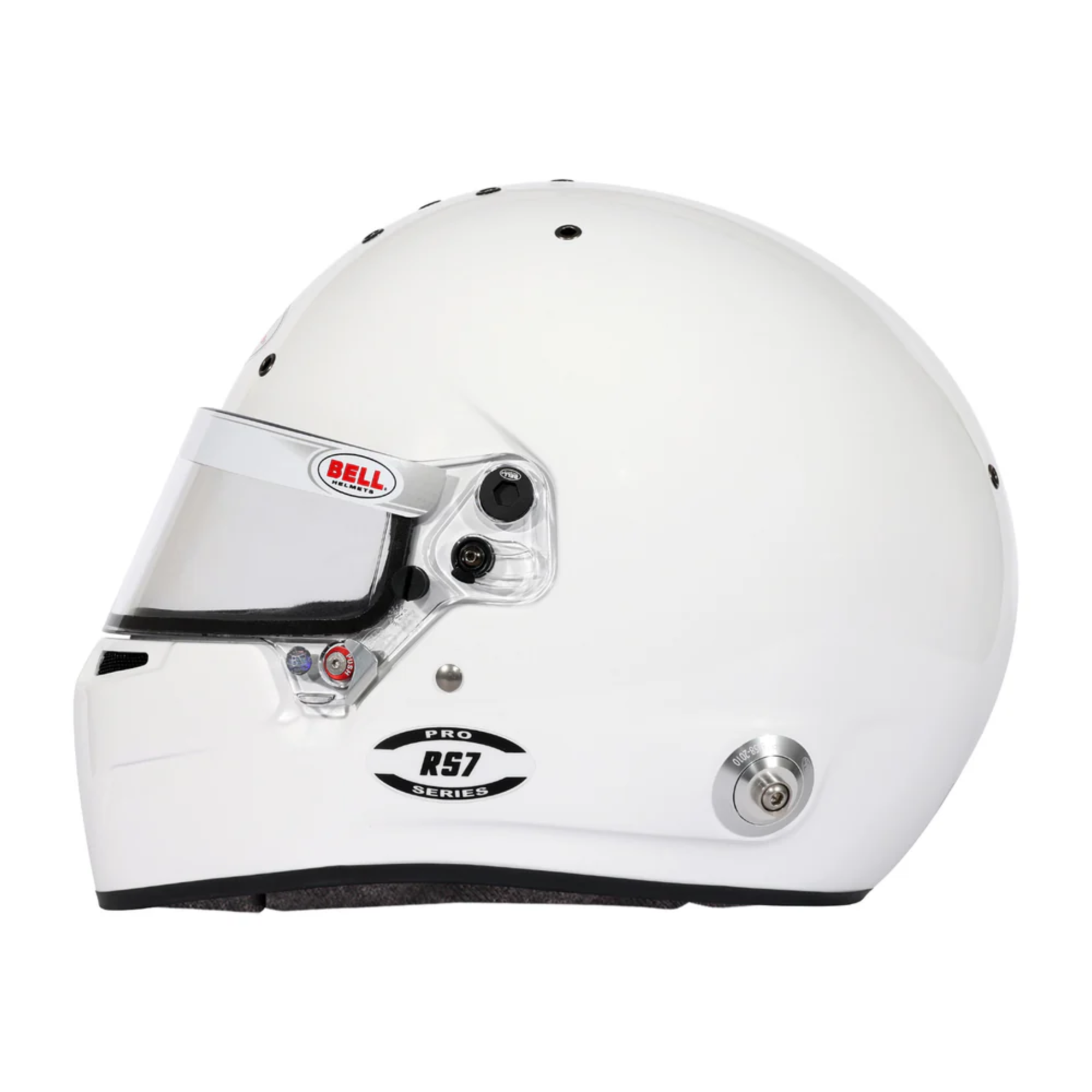 The side of the white Bell RS7 Pro Racing Helmet - SA2025 / FIA8859.