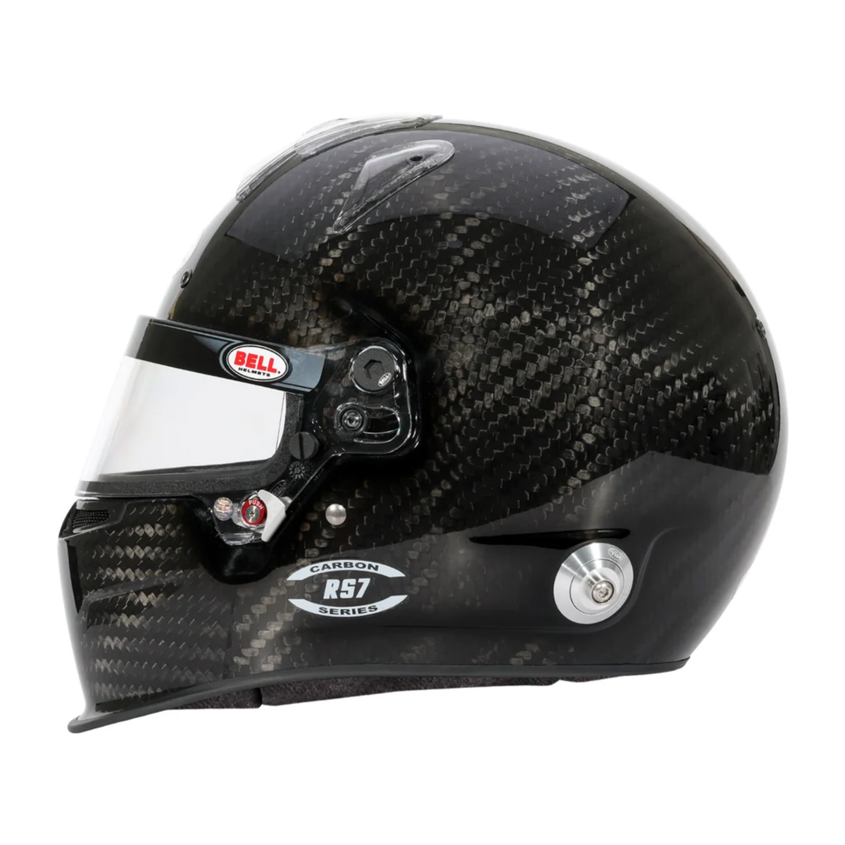 The side of the SA2025 / FIA8859 homologated Bell RS7 Ultra Carbon Duckbill Racing Helmet.