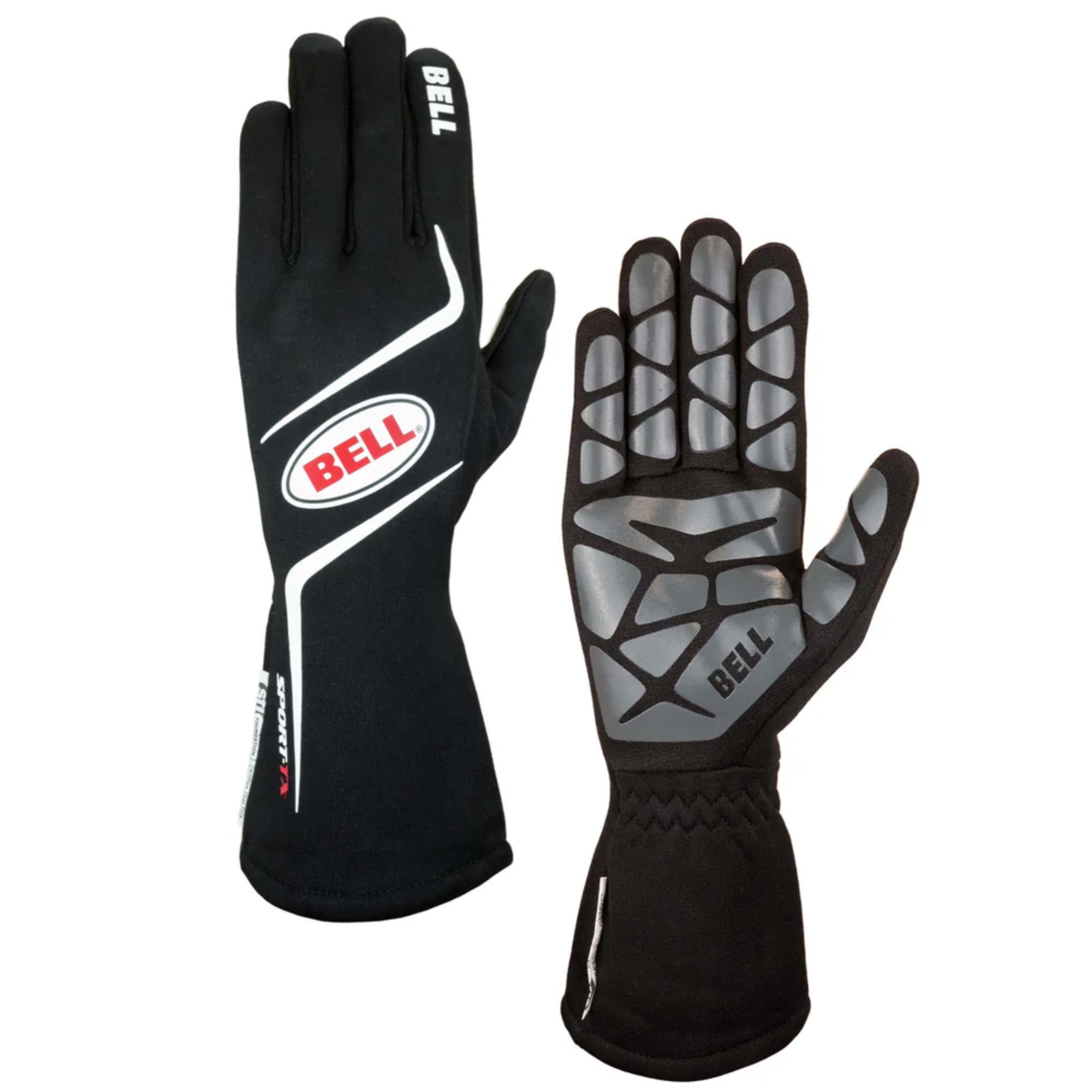 A pair of the black Bell Sport-TX Racing Gloves from Bell showing the front and back.