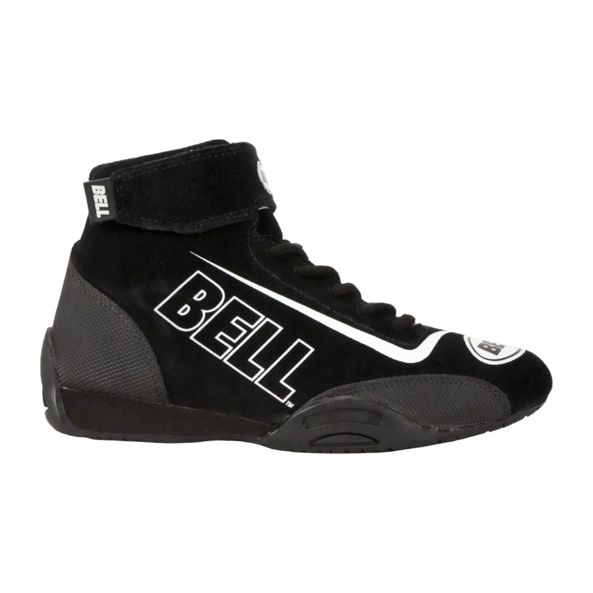 The black Bell Sport-YTX Youth Racing Shoes from Bell shown from the side.